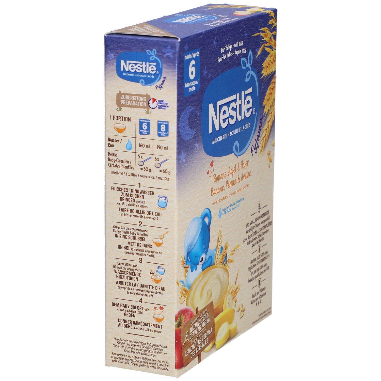 Nestlé Milchbrei Pyjama Box, Seitenansicht. Anleitung, Produktabbildung, Text und Logo auf blauem Hintergrund.