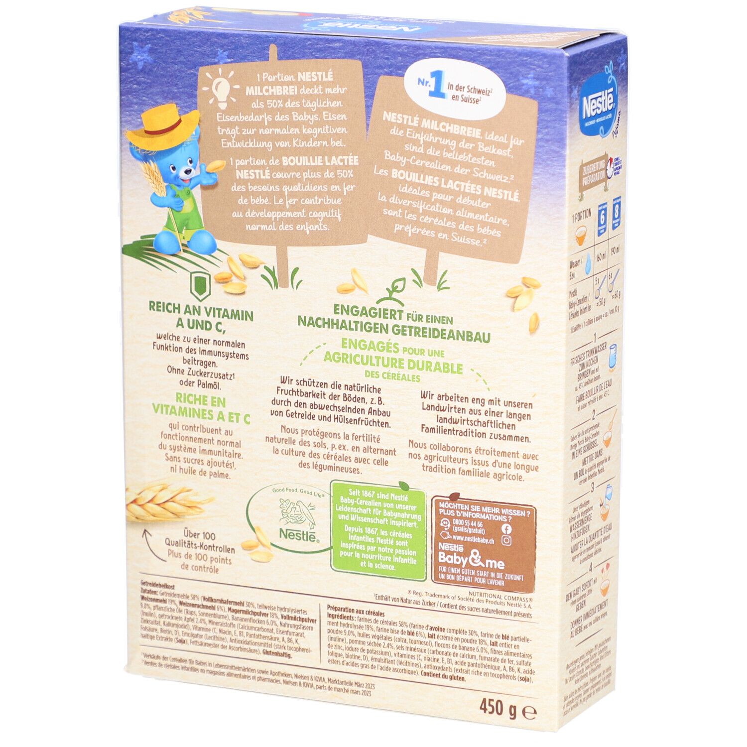 Rückseite der Nestlé Milchbrei Pyjama Box. Text, Illustrationen und Logo auf cremefarbenem Hintergrund.