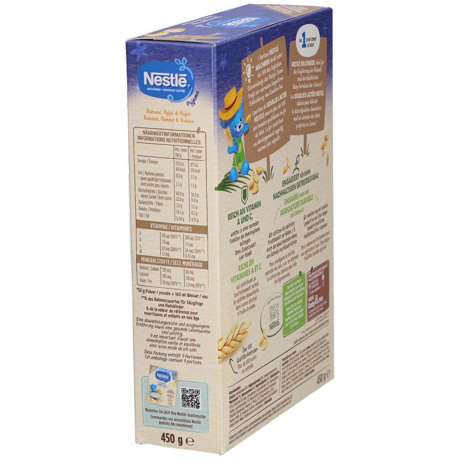 Nestlé Milchbrei Pyjama Box, Seitenansicht. Nährwertangaben, Text und Logo auf cremefarbenem Hintergrund.