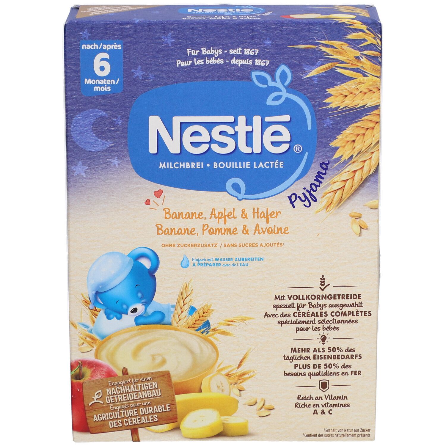 Nestlé Milchbrei Pyjama Banane Apfel Hafer 6M Packung. Blaue Box mit Produktabbildung, Text und Logo.