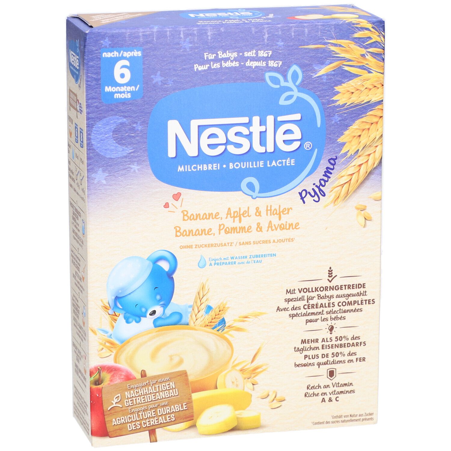 Nestlé Milchbrei Pyjama Banane Apfel Hafer 6M Packung. Blaue Box mit Produktabbildung, Text und Logo.