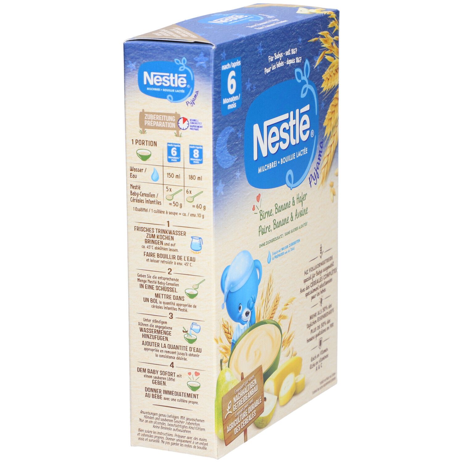 Nestlé Milchbrei-Packung, Seitenansicht. Blaue Box mit Produktnamen und Zubereitungshinweisen. Illustrationen von Birne, Banane und Hafer.