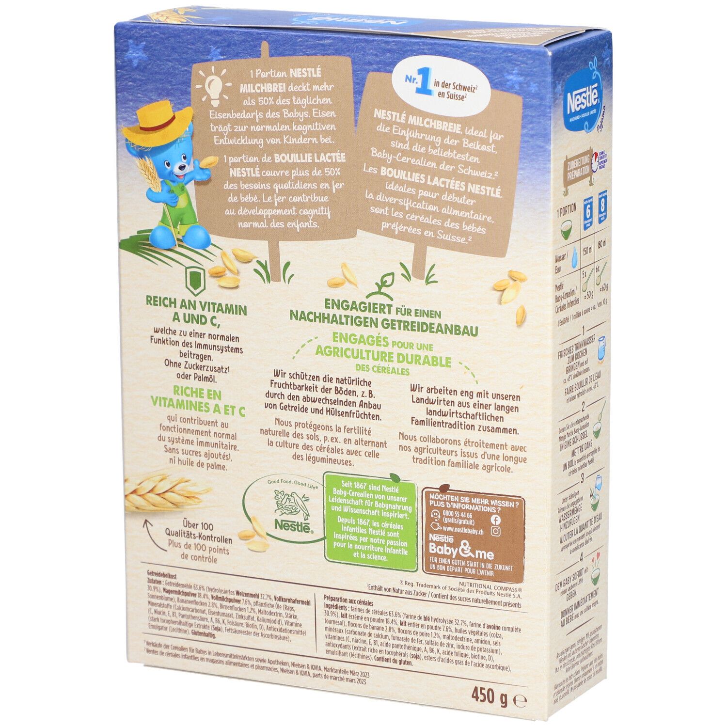 Rückseite der Nestlé Milchbrei-Packung. Text und Illustrationen. Enthält Informationen über Inhaltsstoffe und Nährwerte. 450g.