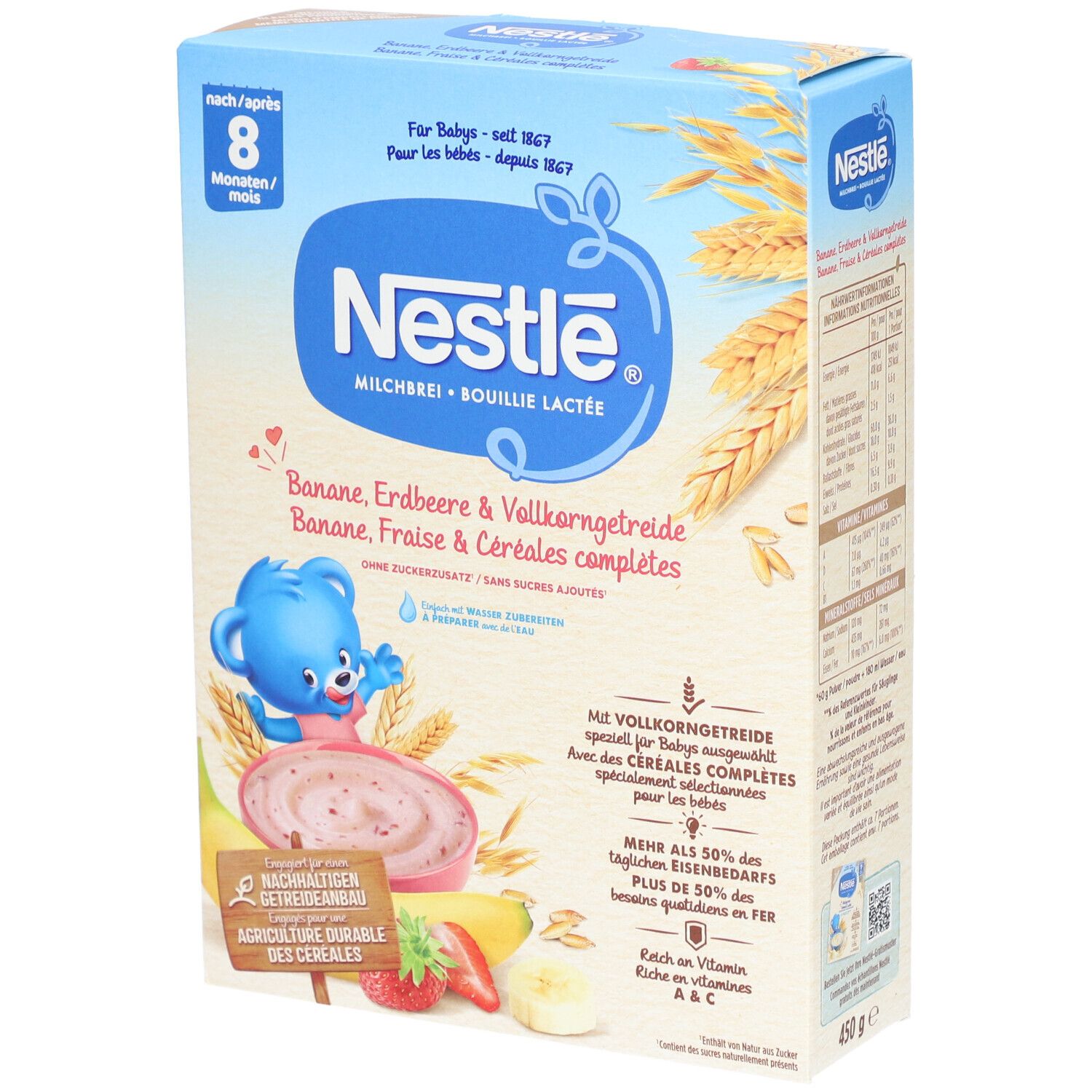 Nestlé Milchbrei Packung. Blaue Verpackung mit Produktnamen und Illustrationen von Früchten und Getreide. Ab 8 Monaten.