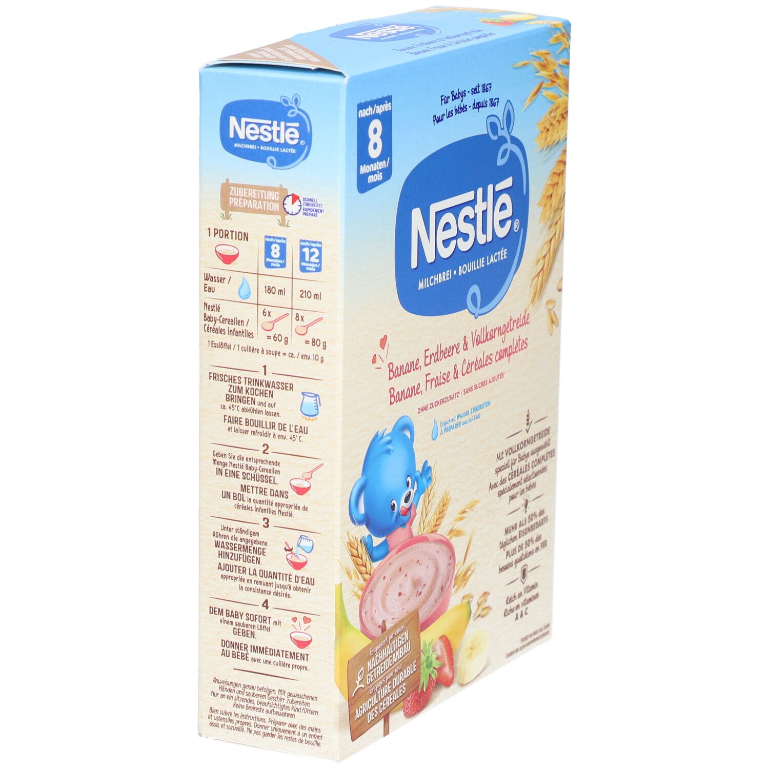 Nestlé Milchbrei Packung, Seitenansicht. Blaue Verpackung mit Zubereitungshinweisen und Produktnamen. Ab 8 Monaten.