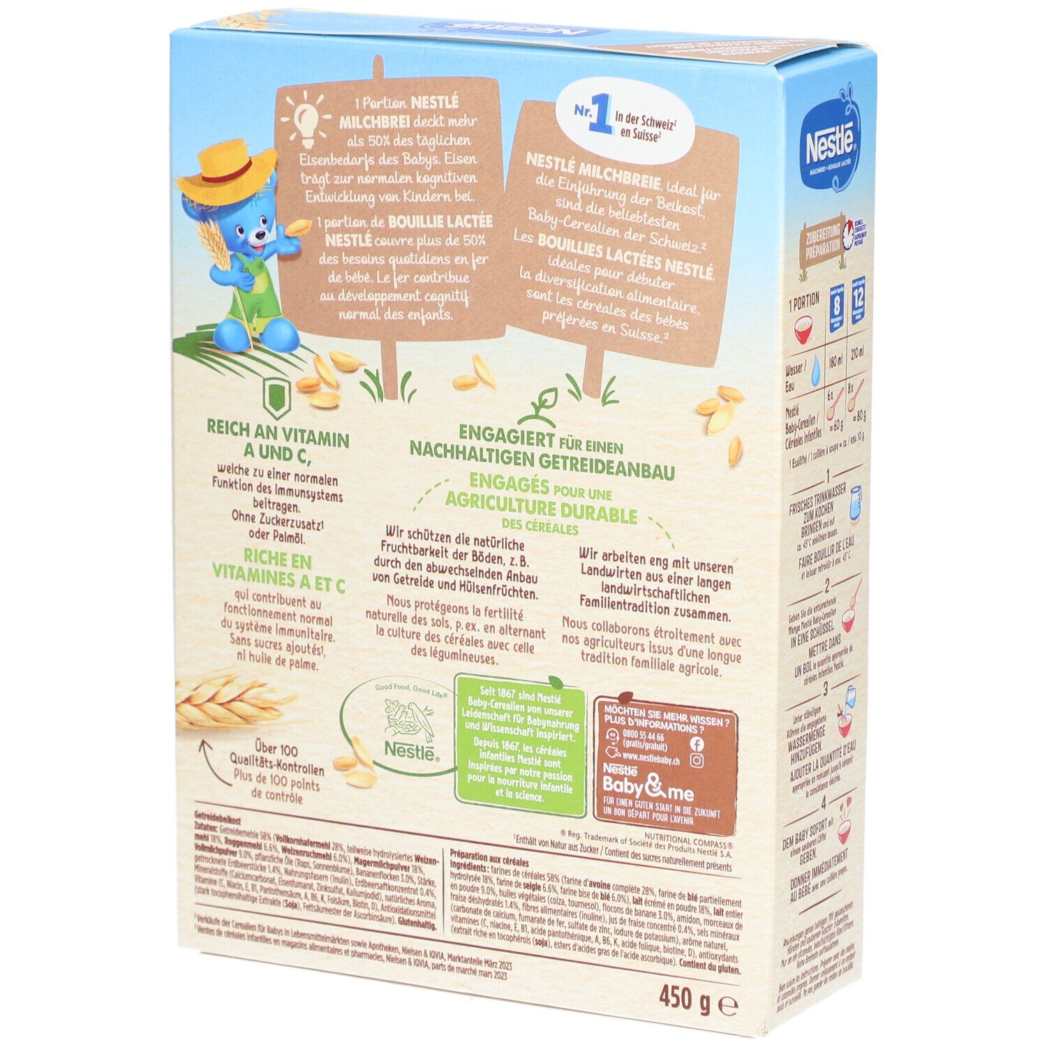 Rückseite der Nestlé Milchbrei Packung. Informationen über Inhaltsstoffe, Nährwerte und Nachhaltigkeit. Mit Logo.