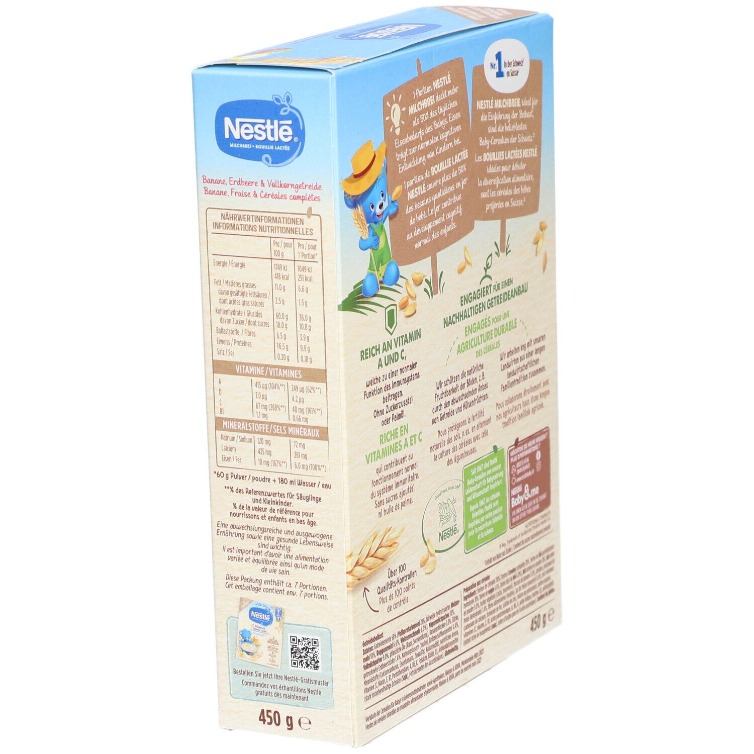 Rückseite der Nestlé Milchbrei Packung. Nährwertangaben und Informationen. Mit Logo und Produktnamen.