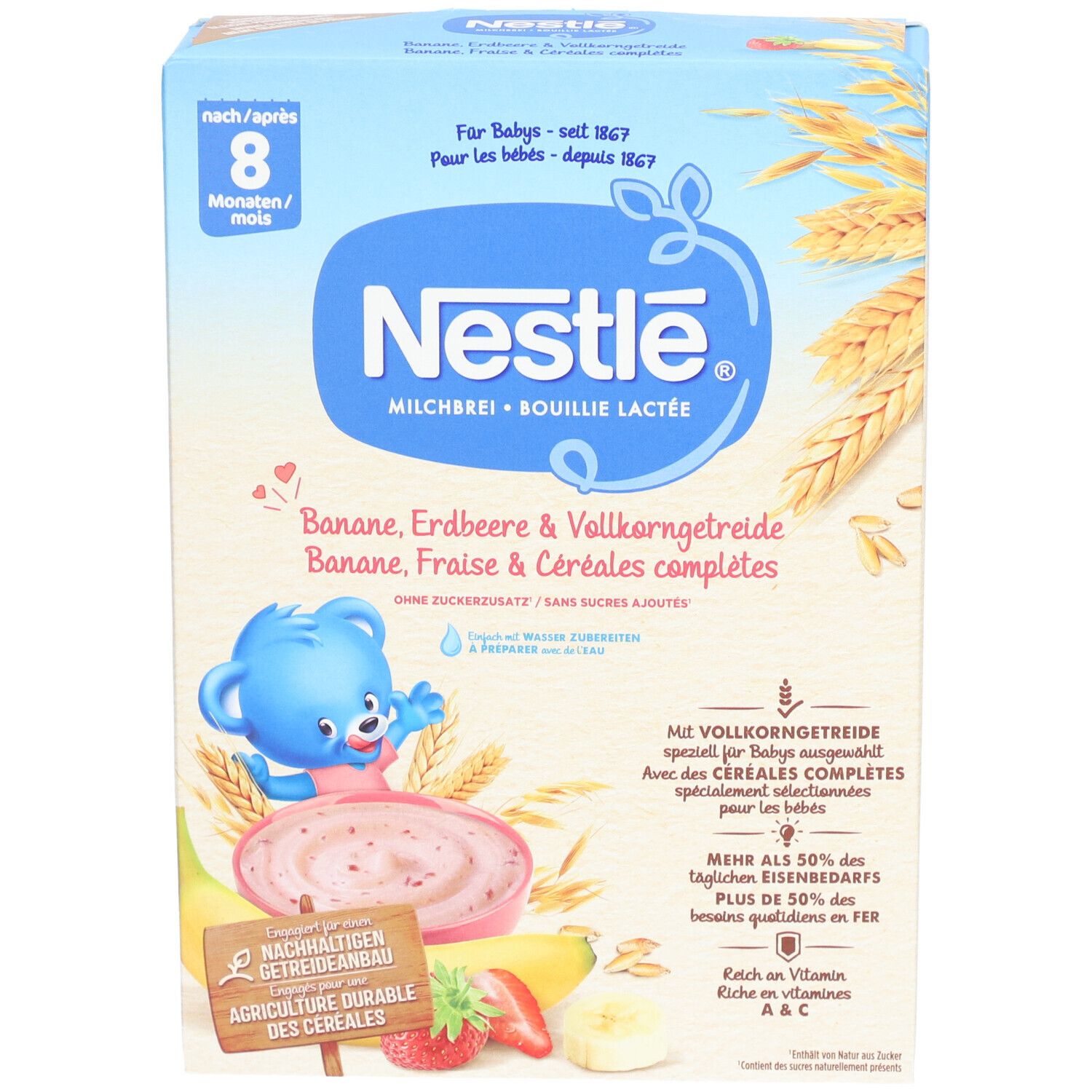 Nestlé Milchbrei Packung. Blaue Verpackung mit Produktnamen und Illustrationen von Früchten und Getreide. Ab 8 Monaten.