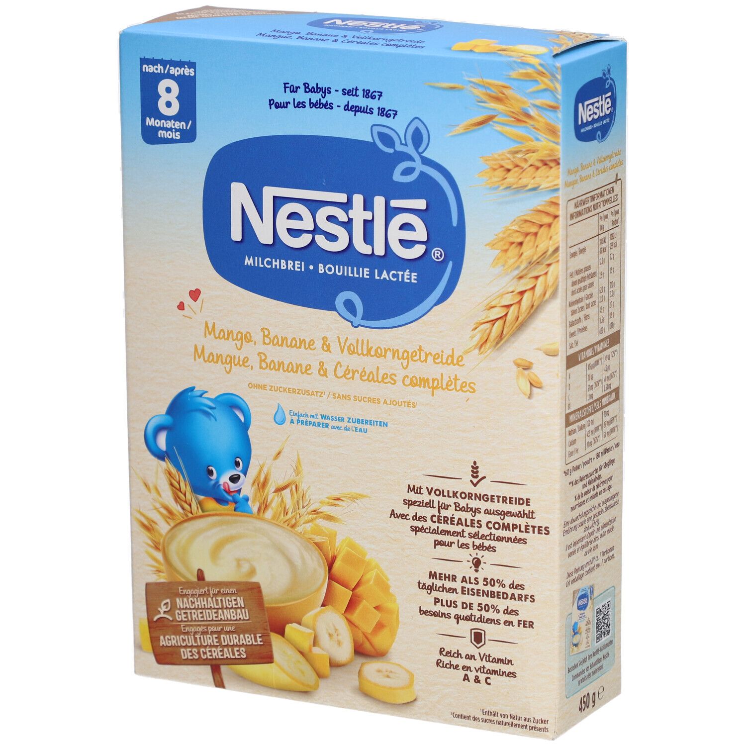 Boîte Nestlé Bouillie Lactée Mangue-Banane. Emballage bleu avec image produit, logo et texte. Contient céréales complètes.