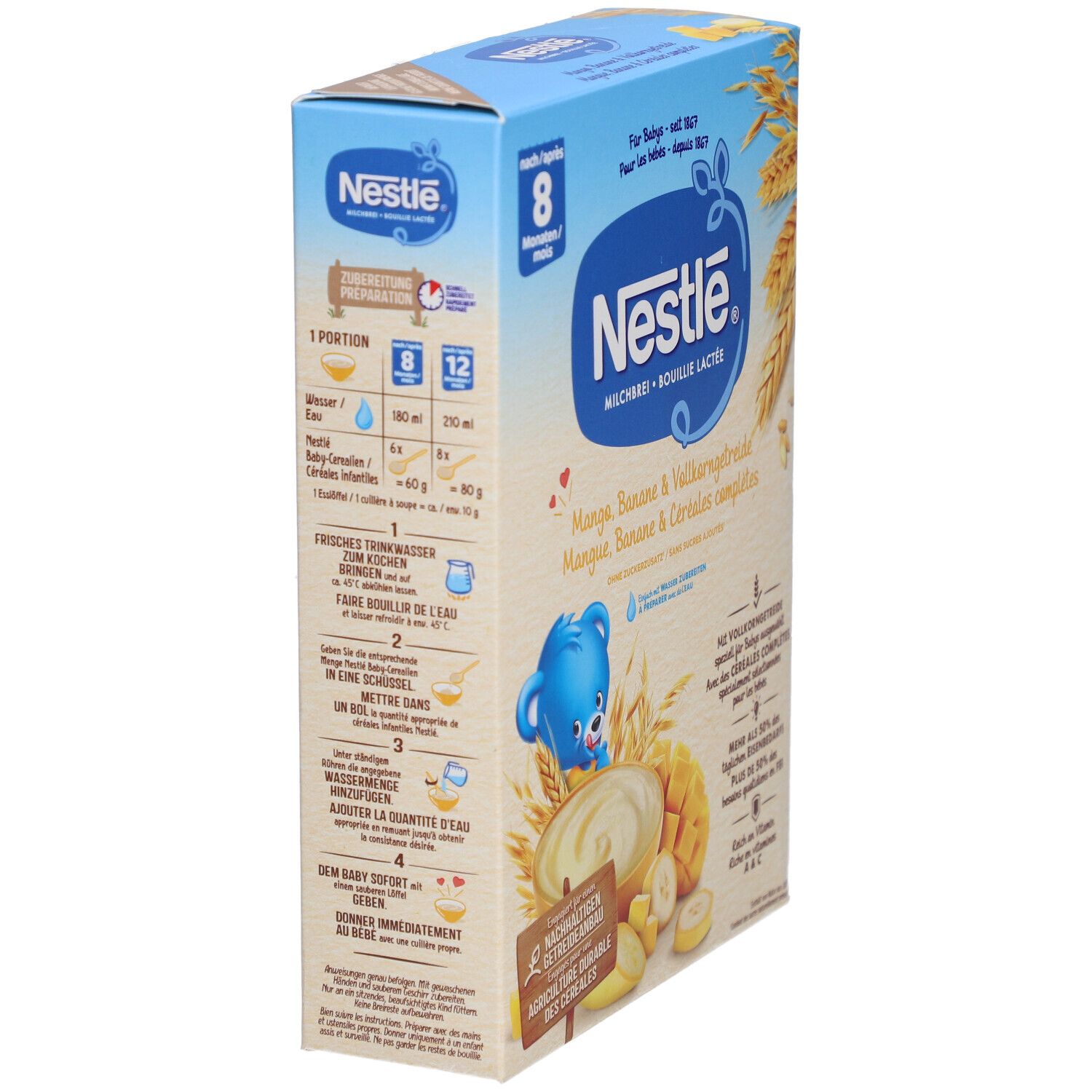 Boîte Nestlé Bouillie Lactée. Emballage bleu avec instructions de préparation et logo. Montre une portion et ingrédients.