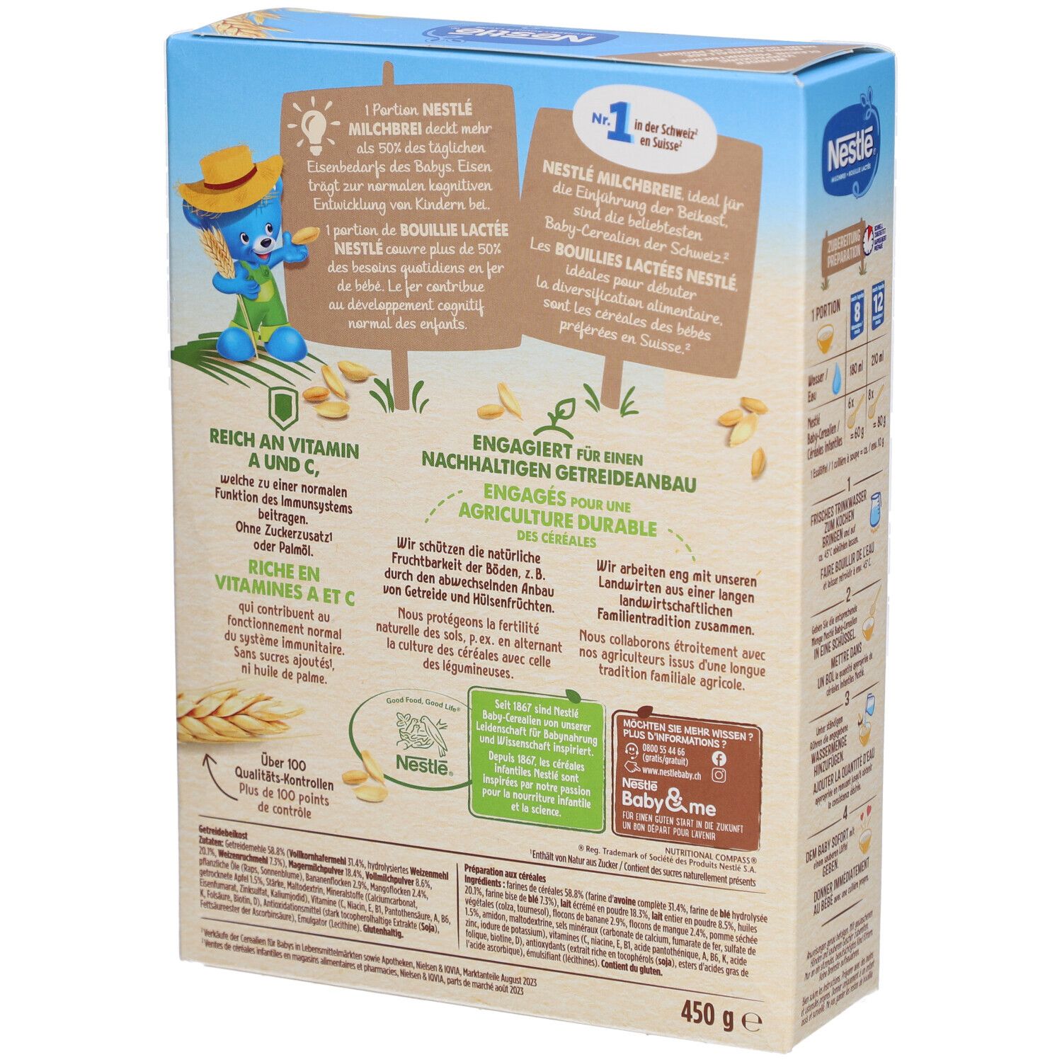 Dos de la boîte Nestlé Bouillie Lactée. Texte sur l'agriculture durable et informations nutritionnelles. Logo Baby & Me.