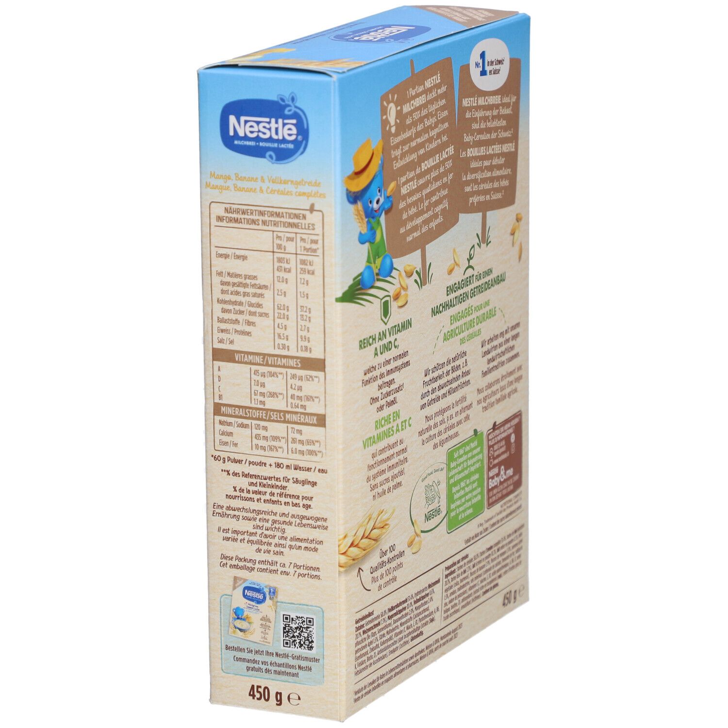 Côté de la boîte Nestlé Bouillie Lactée. Informations nutritionnelles, instructions et logo. Paquet de 450g.