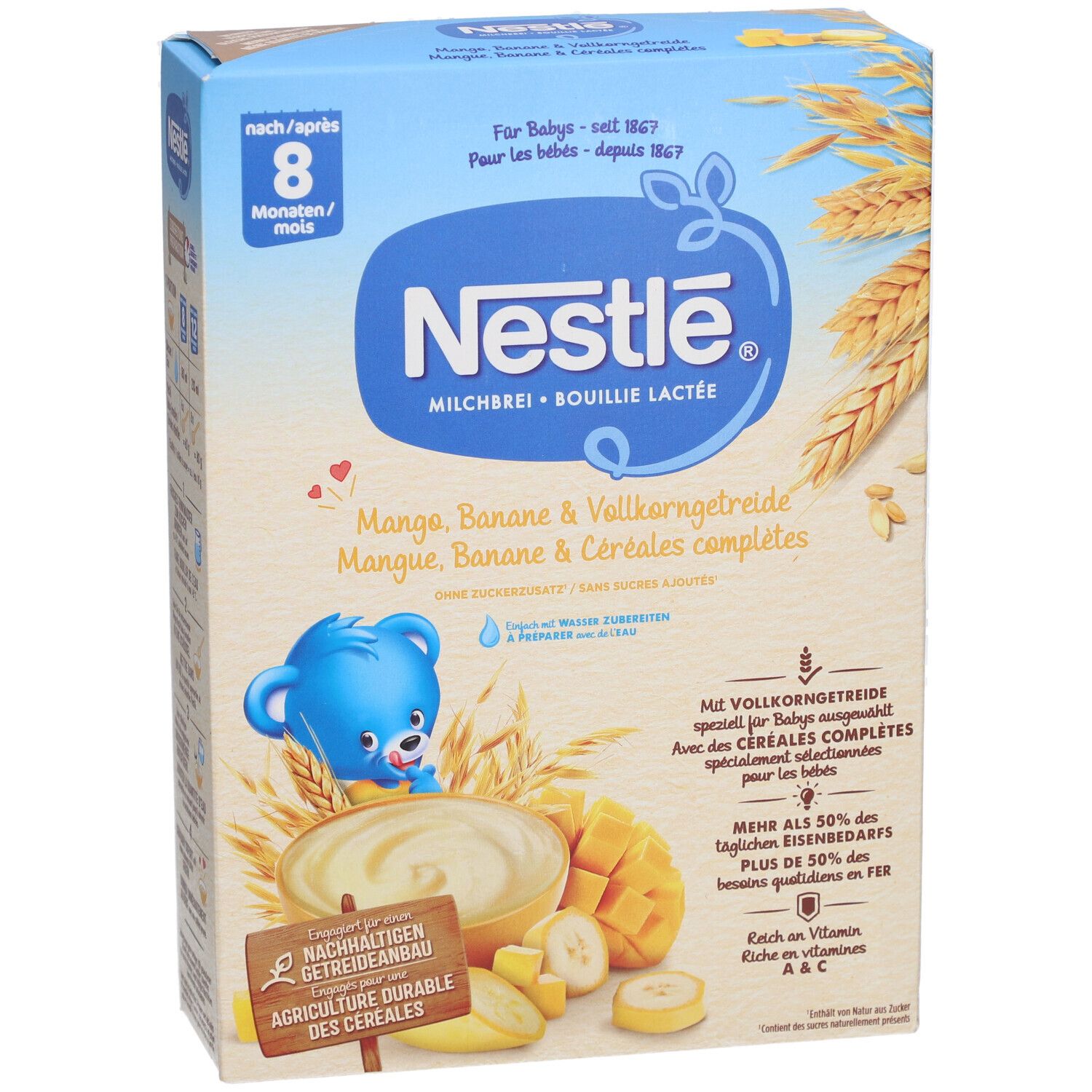 Boîte Nestlé Bouillie Lactée Mangue-Banane. Emballage bleu avec image produit, logo et texte. Contient céréales complètes.