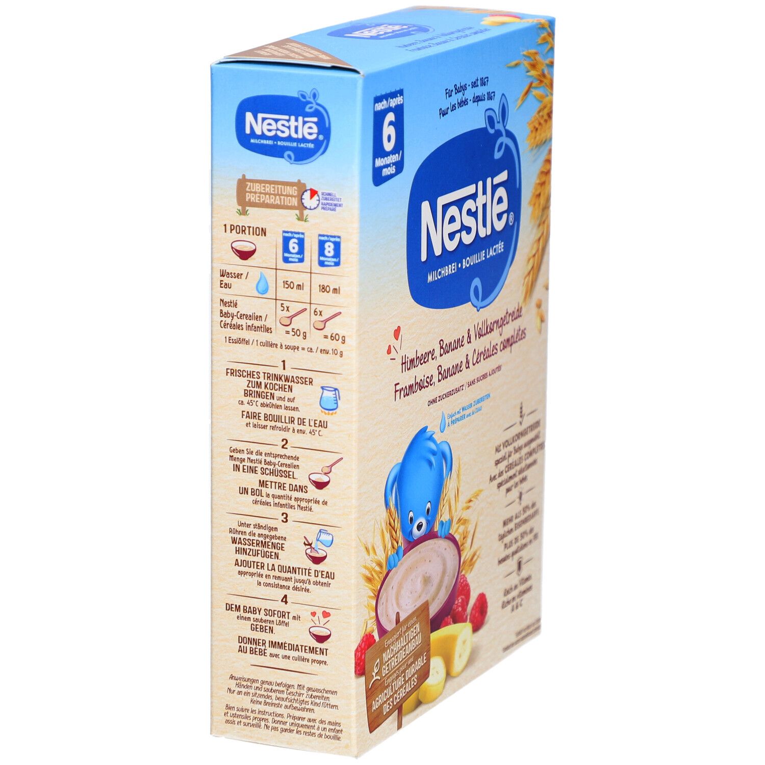Nestlé Milchbrei-Packung, Seitenansicht. Blaue Verpackung mit Zubereitungshinweisen und Produktinformationen. Altersempfehlung: 6M+.