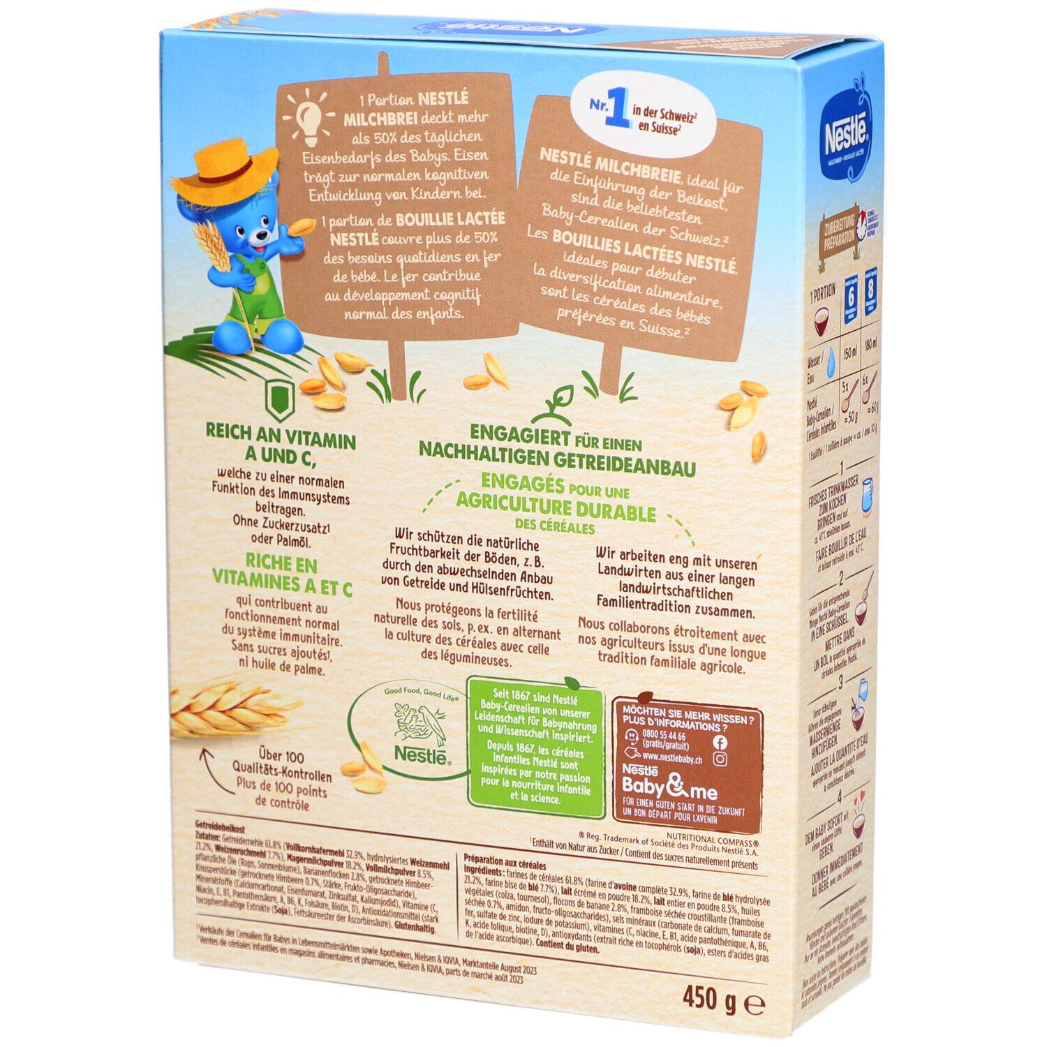 Rückseite der Nestlé Milchbrei-Packung. Informationen zu Inhaltsstoffen, Nährwerten und Nachhaltigkeit. Altersempfehlung: 6M+.