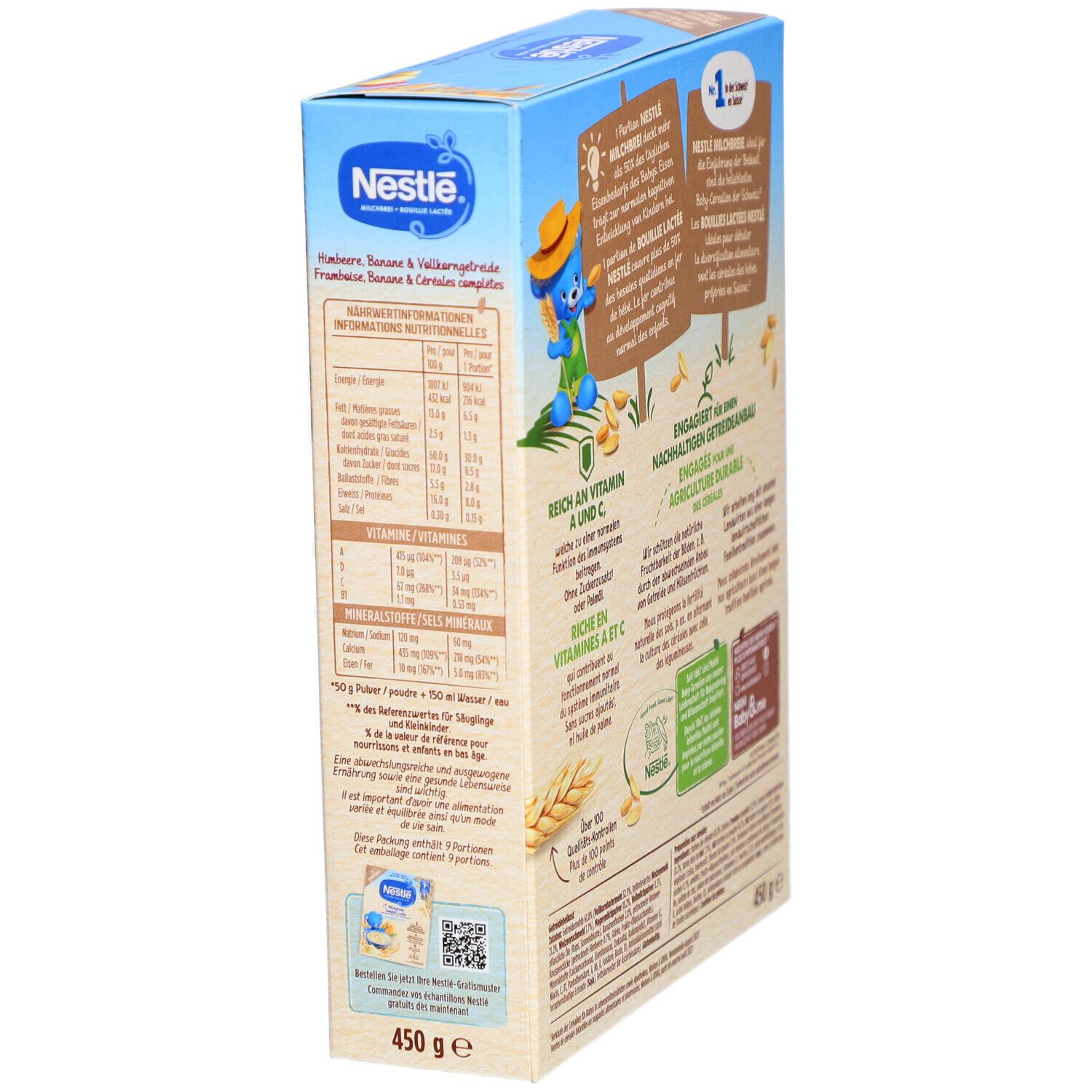 Nestlé Milchbrei-Packung, schräge Seitenansicht. Informationen zu Nährwerten und Inhaltsstoffen. Altersempfehlung: 6M+.