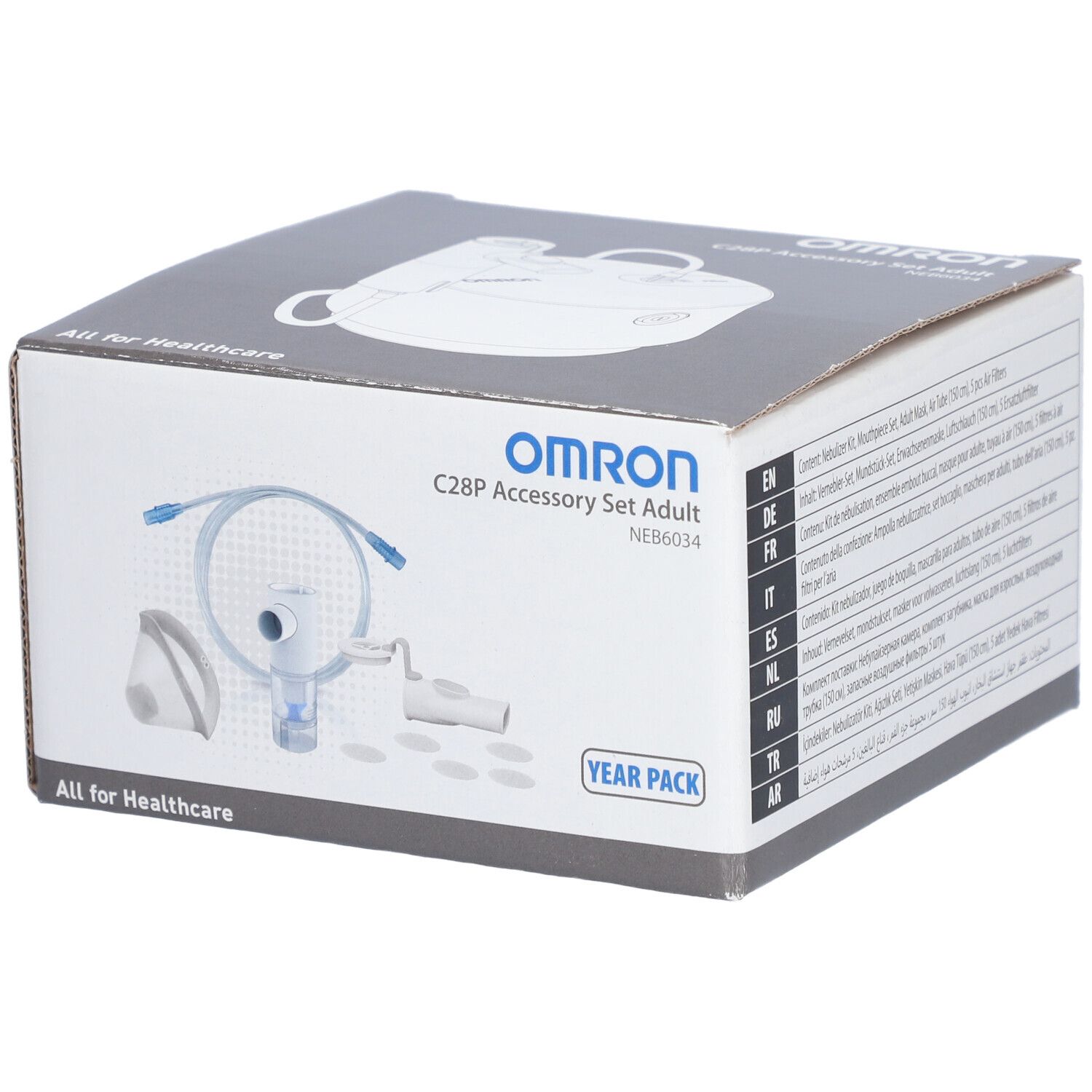 Verpackung des Zubehörsets für Erwachsene. OMRON-Logo und Produktabbildung. Text in mehreren Sprachen.