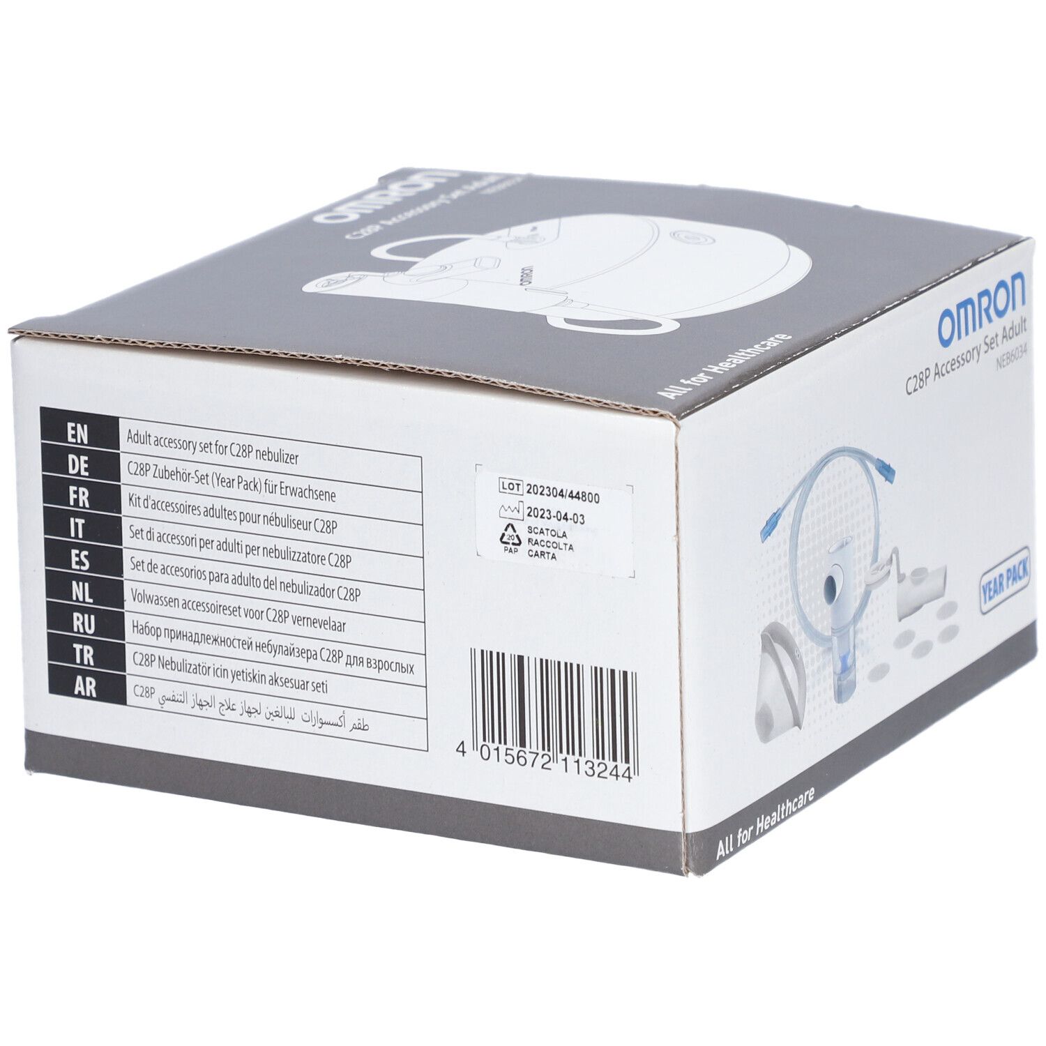 Rückseite der Verpackung des Zubehörsets. OMRON-Logo, Barcode und Text in mehreren Sprachen.