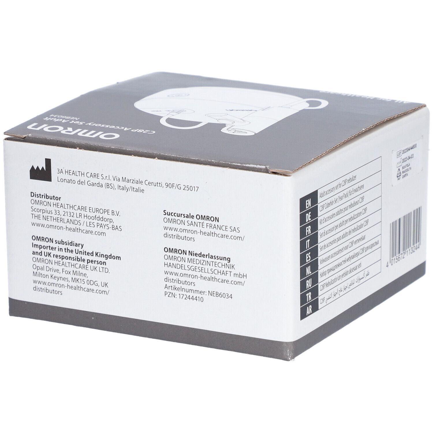 Seite der Verpackung des Zubehörsets. OMRON-Logo und Kontaktinformationen. Text in mehreren Sprachen.