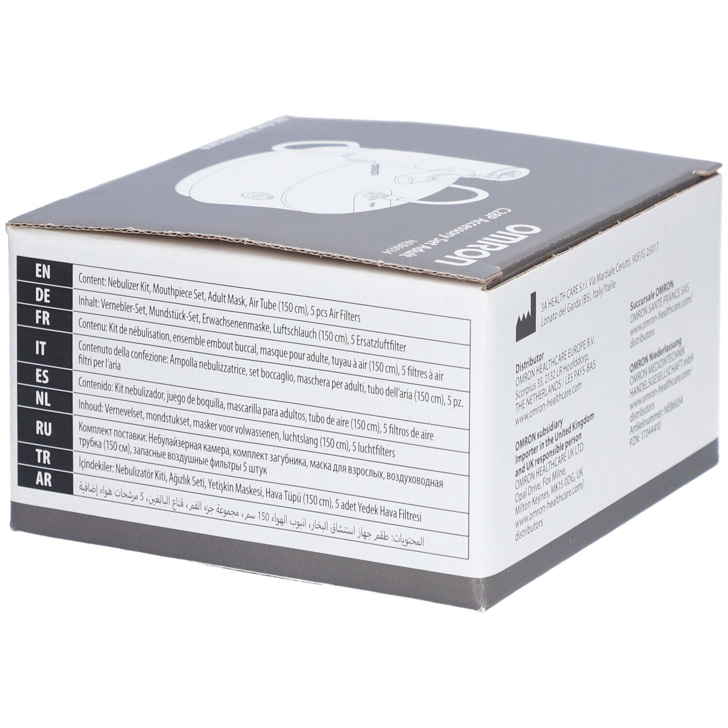 Seite der Verpackung des Zubehörsets. Auflistung der Inhalte in mehreren Sprachen. OMRON-Logo.