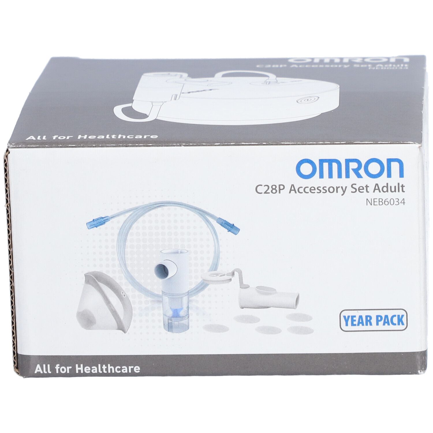 Vorderseite der Verpackung des Zubehörsets. OMRON-Logo, Produktabbildung und Text. 'Year Pack'.