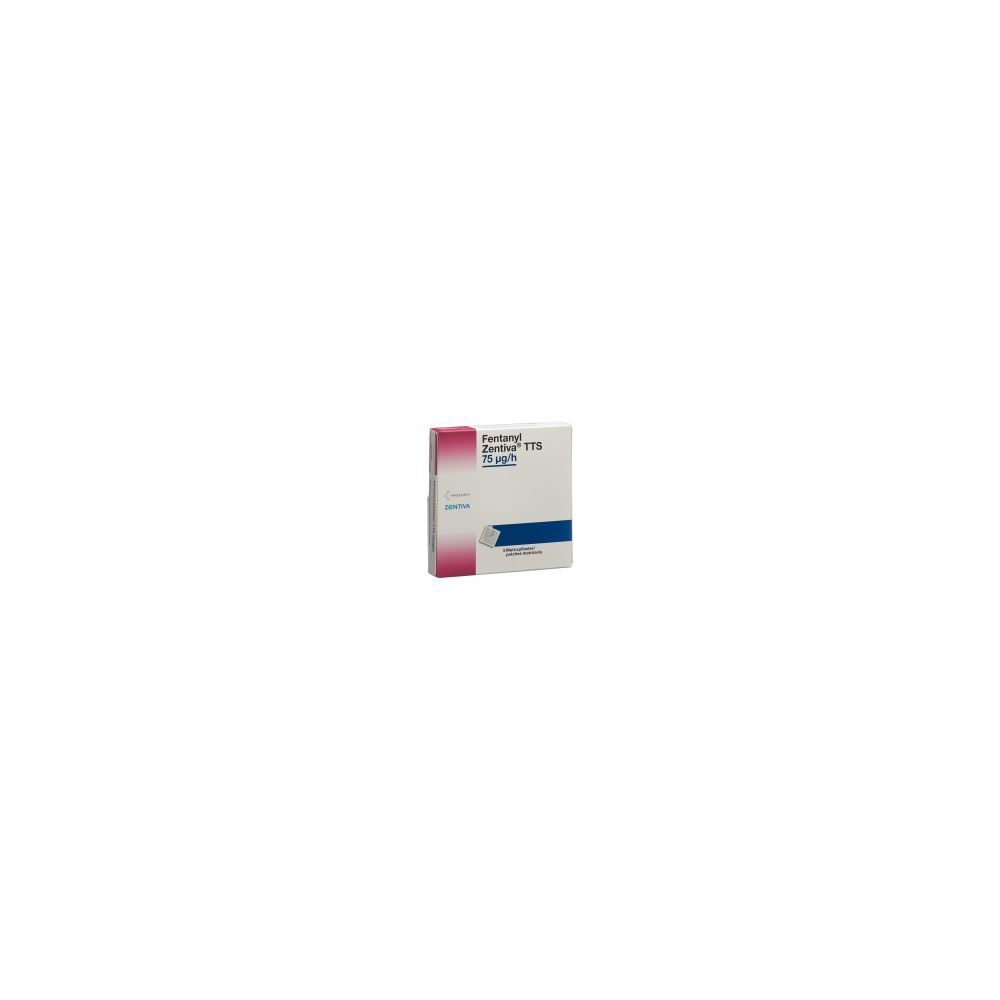 Kartonverpackung mit Produktbezeichnung Fentanyl Zentiva TTS 75 mcg/h. Rosa und weißes Design mit blauer Linie.