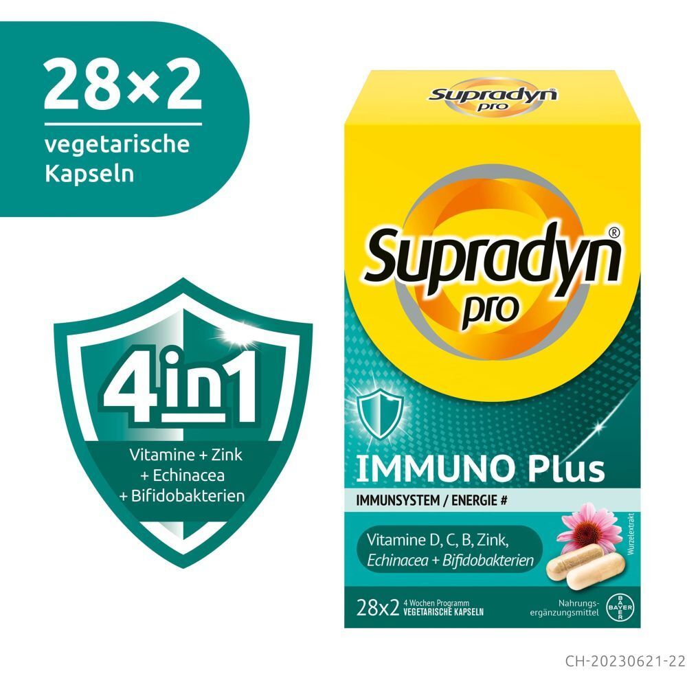 Zwei Packungen "Supradyn pro Immuno Plus" nebeneinander. Aufdrucke: 28x2 vegetarische Kapseln, 4in1 Vitamine+Zink+Echinacea+Bifidobakterien.