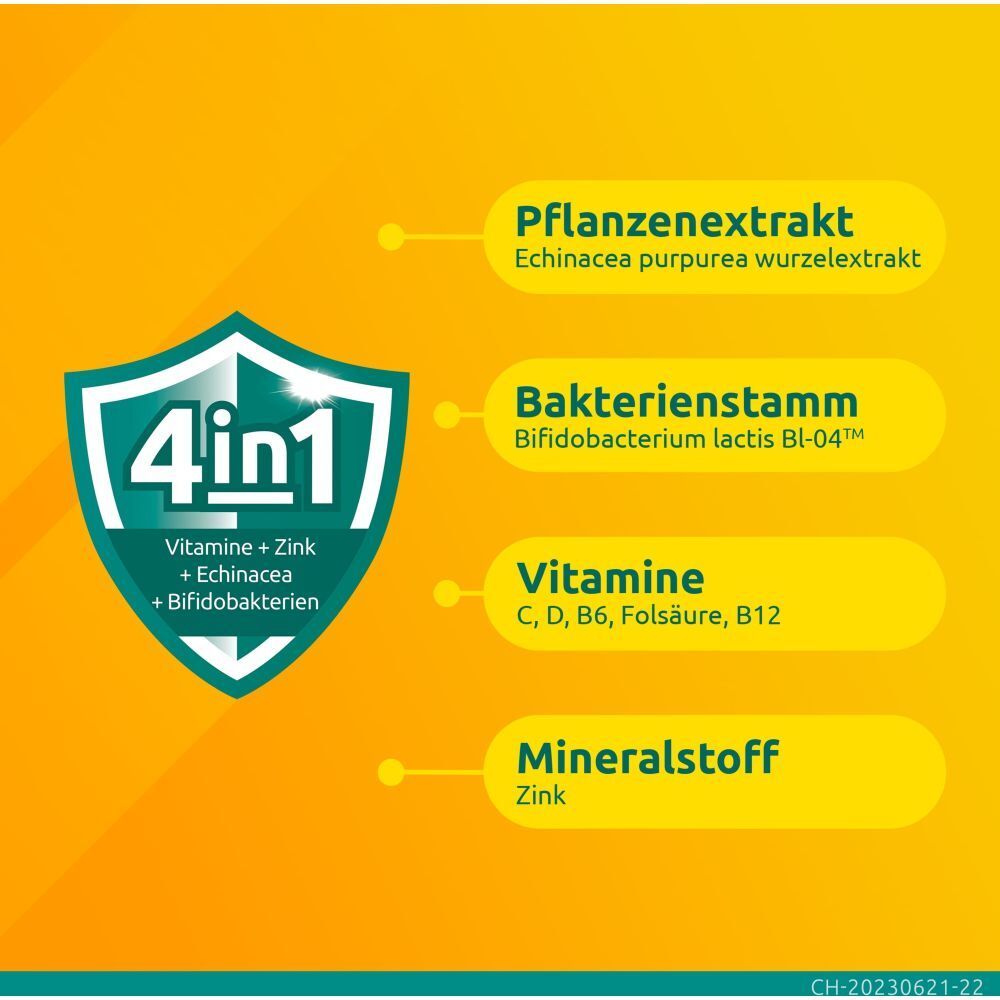 Grafik mit Informationen zu "4in1": Vitamine+Zink+Echinacea+Bifidobakterien. Einzelheiten zu Pflanzenextrakt, Bakterienstamm, Vitaminen, Mineralstoff.