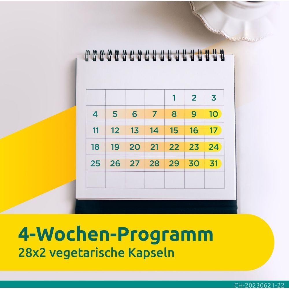 Kalender mit markierten Tagen. Text: 4-Wochen-Programm, 28x2 vegetarische Kapseln. Gelber Hintergrund.