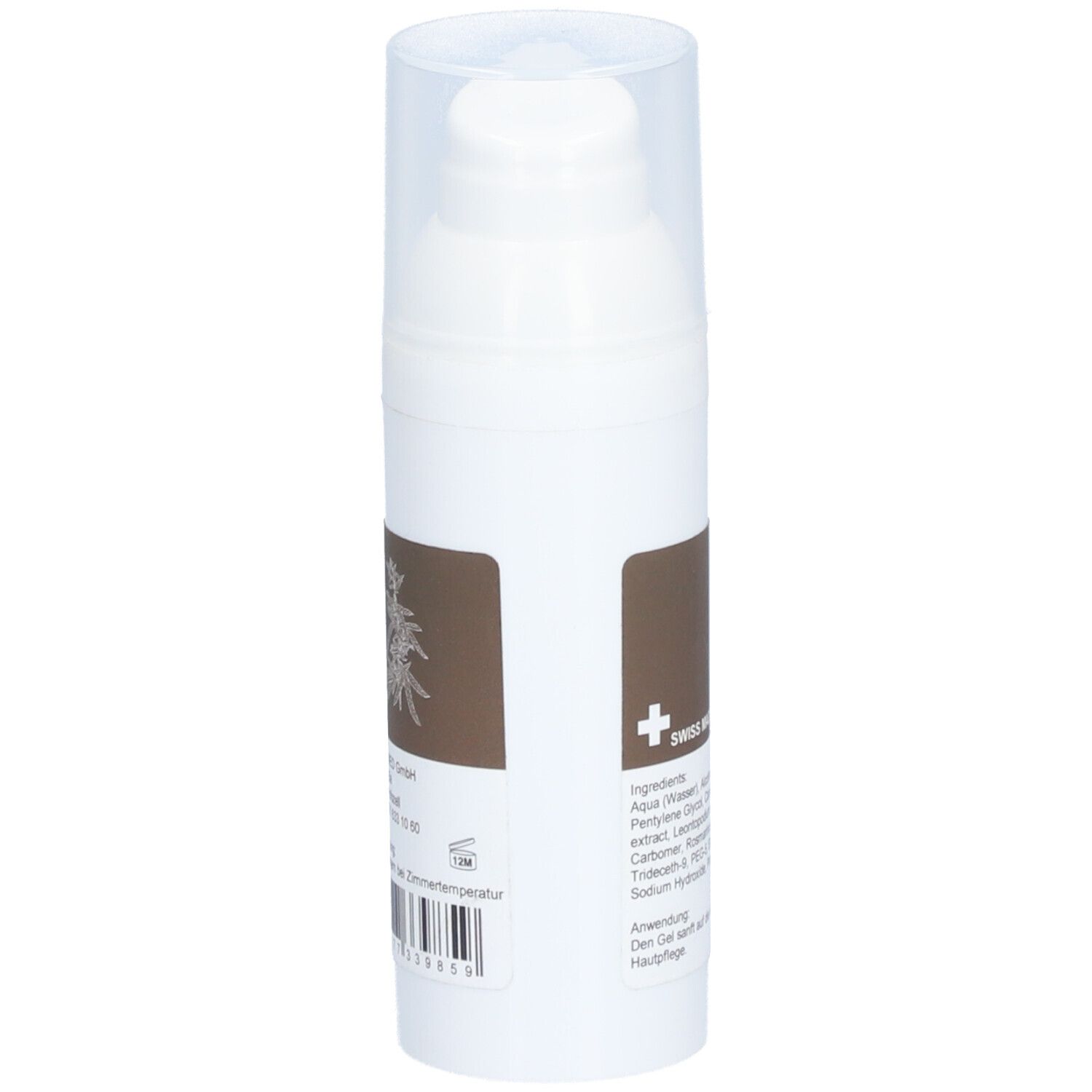 Weiße Flasche mit Pumpe und braunem Etikett. Swiss Made Logo. Enthält Inhaltsstoffe. Transparente Kappe.