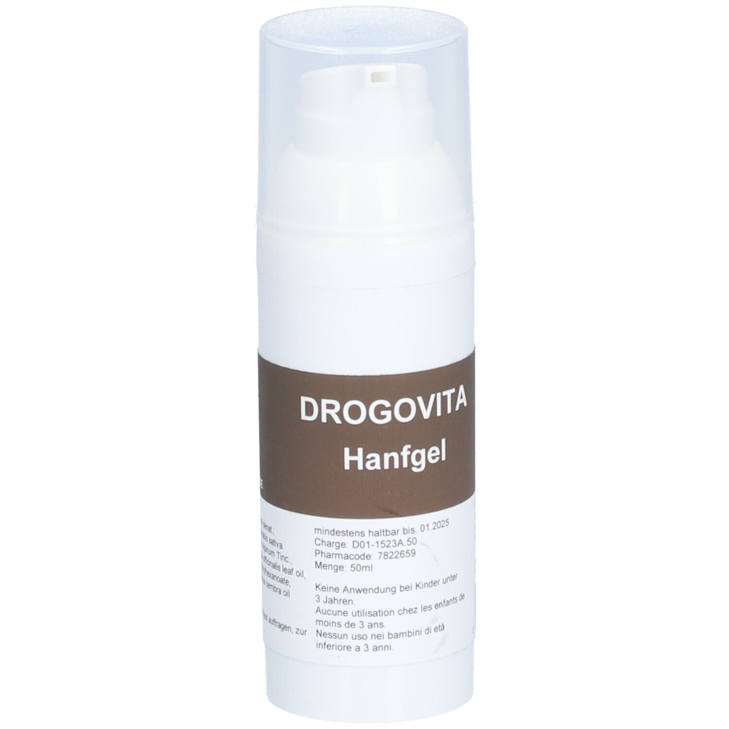 Weiße Flasche mit Pumpe und braunem Etikett. Aufschrift: Drogovita Hanfgel. Enthält Informationen wie Charge und Mindesthaltbarkeit.