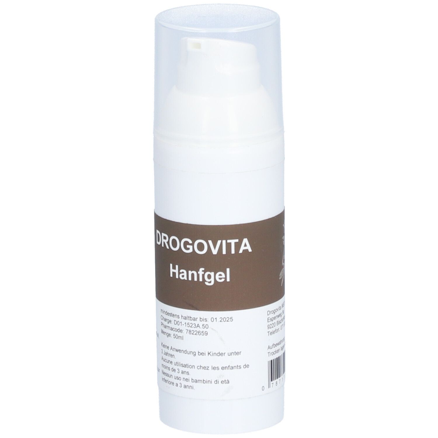 Weiße Flasche mit Pumpe und braunem Etikett. Aufschrift: Drogovita Hanfgel. Enthält Informationen wie Charge und Mindesthaltbarkeit.