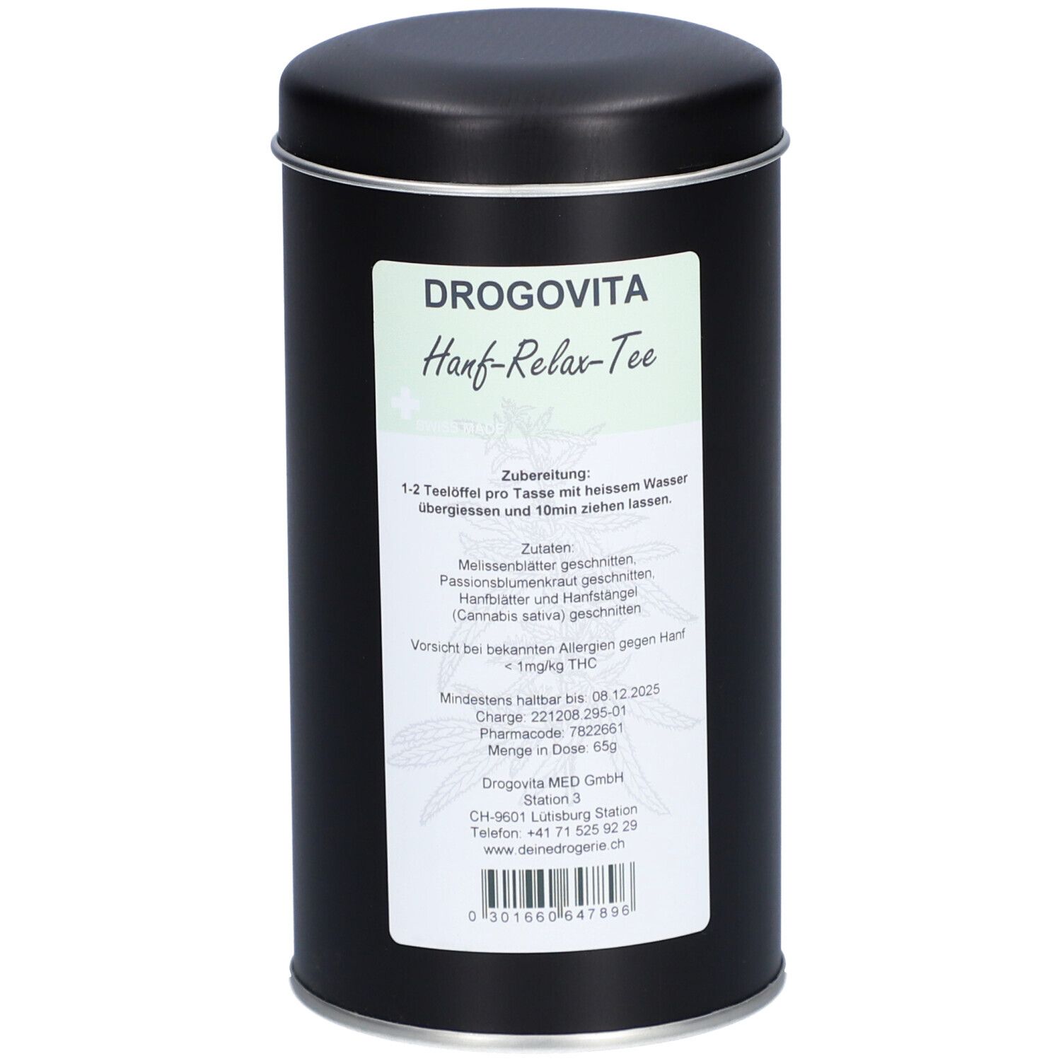 Schwarze Dose mit Deckel. Etikett mit Produktnamen DROGOVITA Hanf-Relax-Tee und Zutatenliste. Barcode unten.