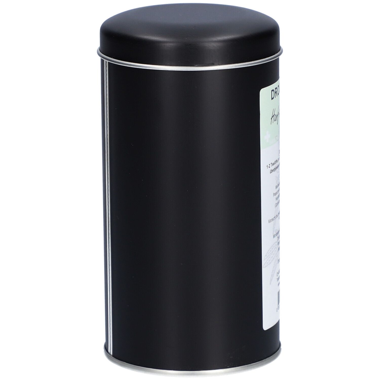 Zylindrische, schwarze Dose mit Deckel. Etikett mit Produktinformationen. Silberfarbener Rand am Deckel und an der Dose.