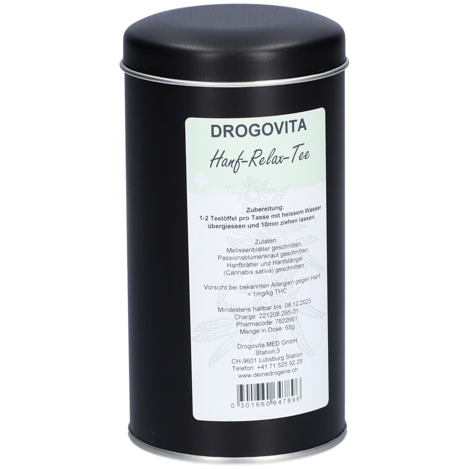 Schwarze Dose mit Deckel. Etikett mit Produktnamen DROGOVITA Hanf-Relax-Tee und Zubereitungshinweisen. Barcode unten.