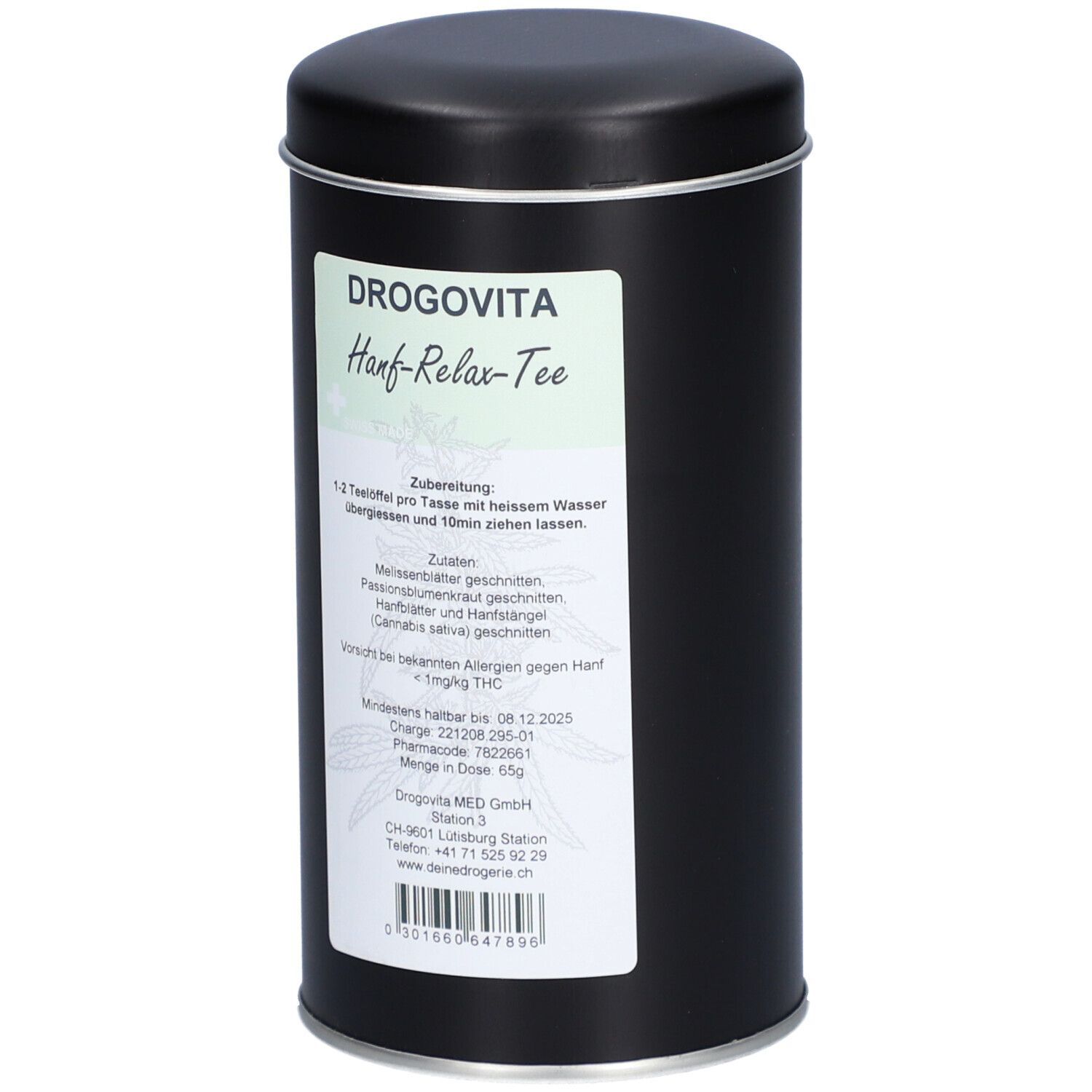 Schwarze Dose mit Deckel. Etikett mit Produktnamen DROGOVITA Hanf-Relax-Tee und Zubereitungshinweisen. Barcode unten.