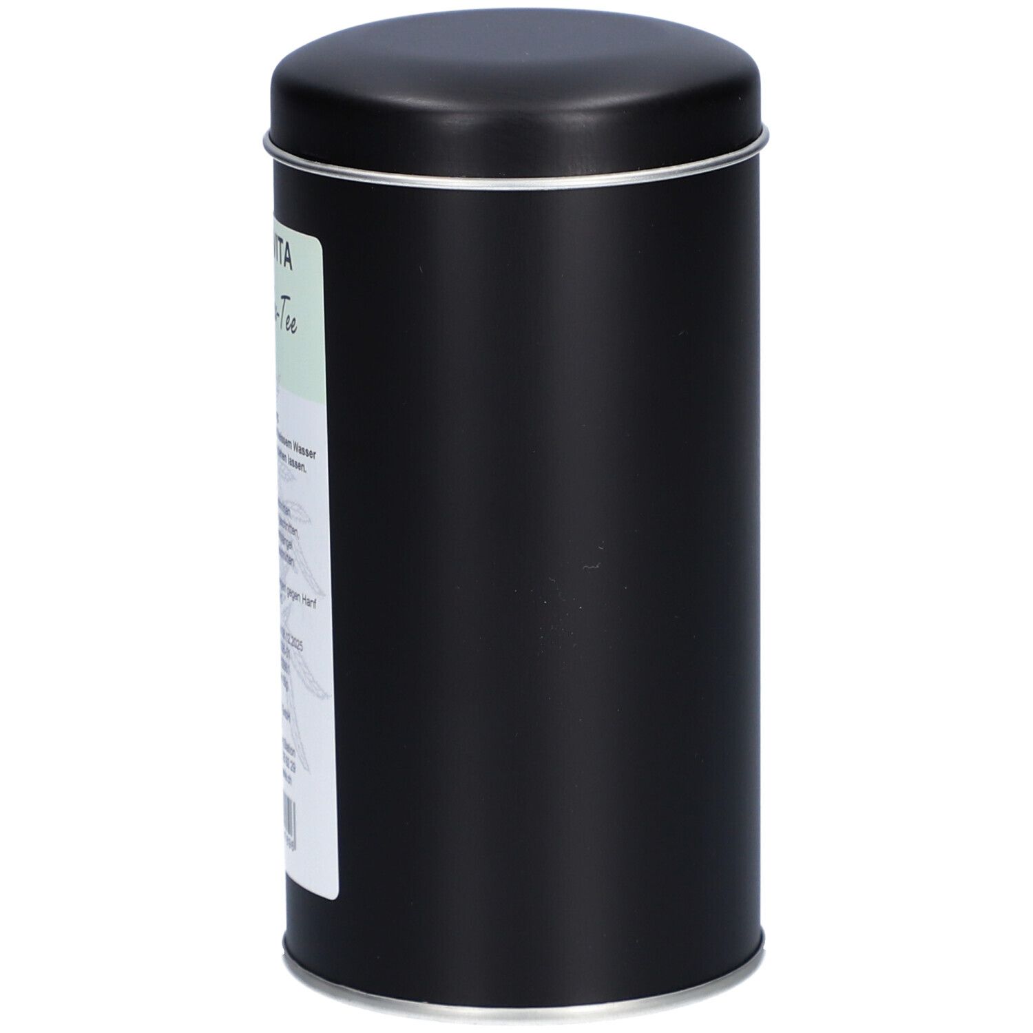 Zylindrische, schwarze Dose mit Deckel. Etikett mit Produktinformationen. Silberfarbener Rand am Deckel und an der Dose.