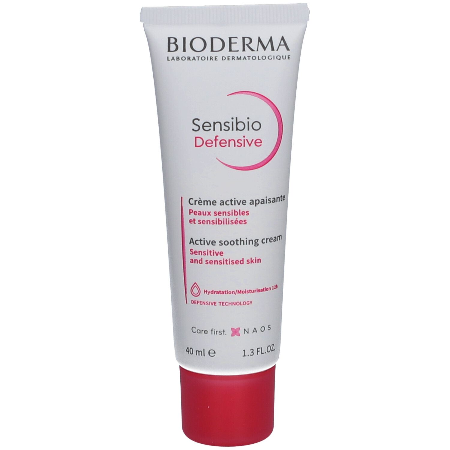 Creme-Tube mit BIODERMA-Logo und Sensibio Defensive. Rosa Akzent. Text: Active soothing cream.