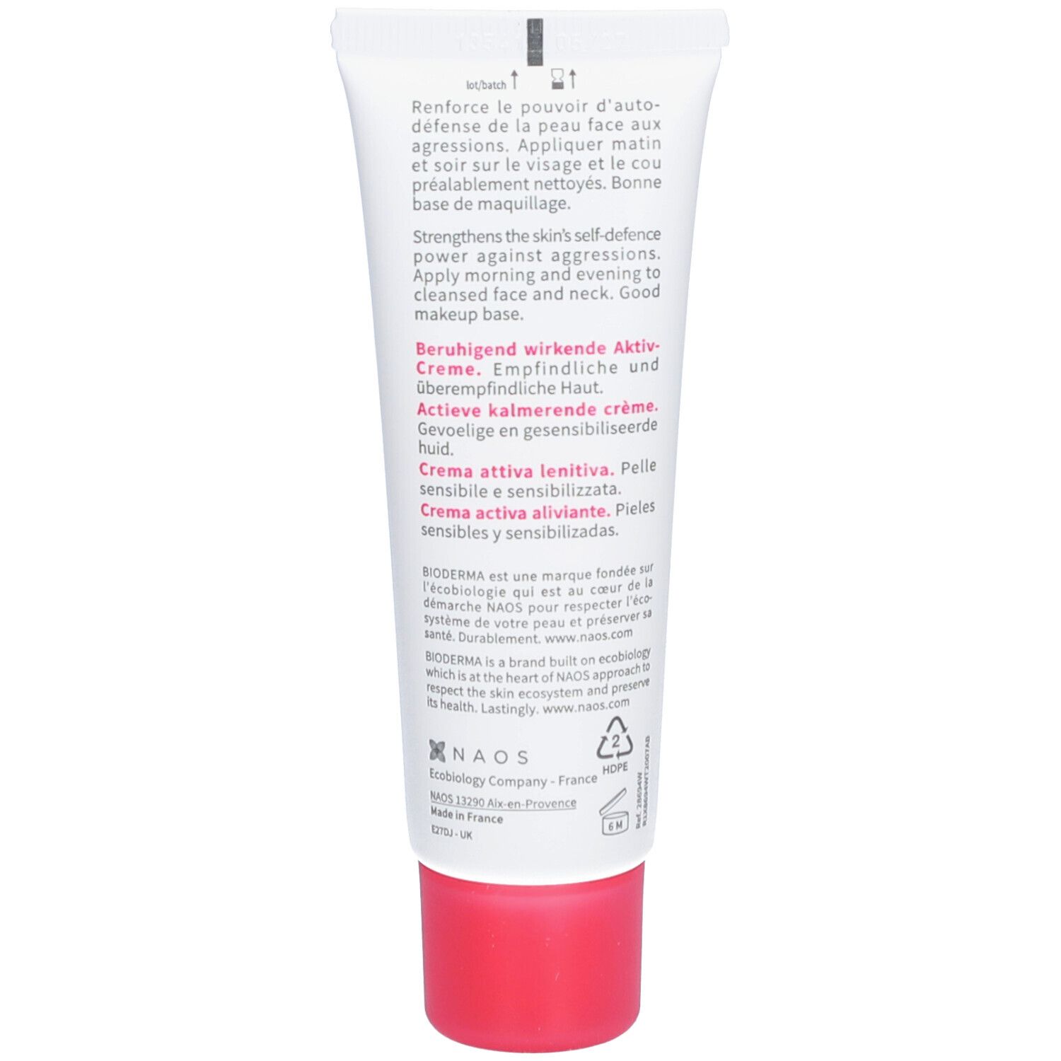 Rückseite der Creme-Tube. Mehrsprachiger Text. BIODERMA-Logo. Roter Verschluss.
