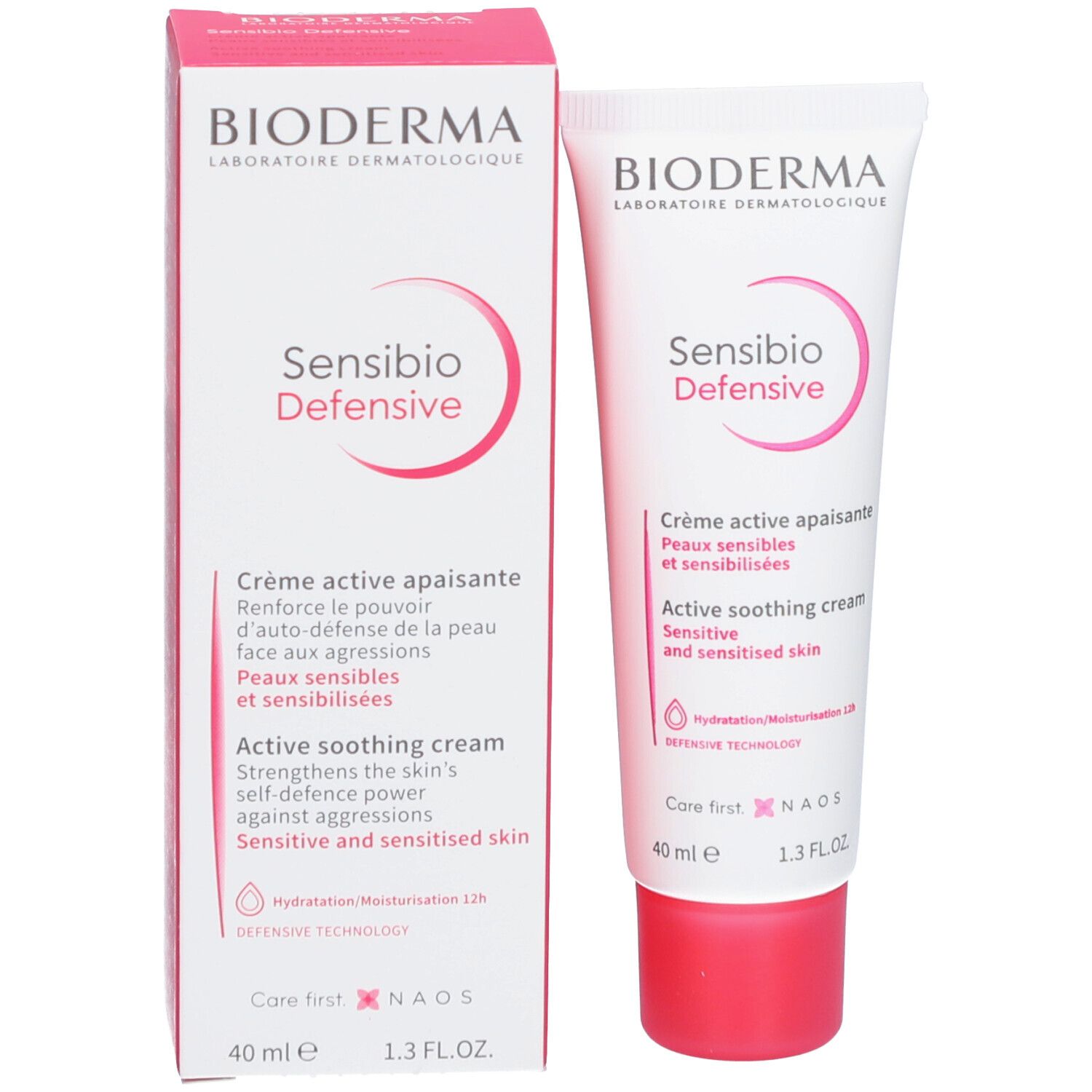 BIODERMA Sensibio Defensive Creme mit Verpackung. Rosa und weiß. Text: Active soothing cream.