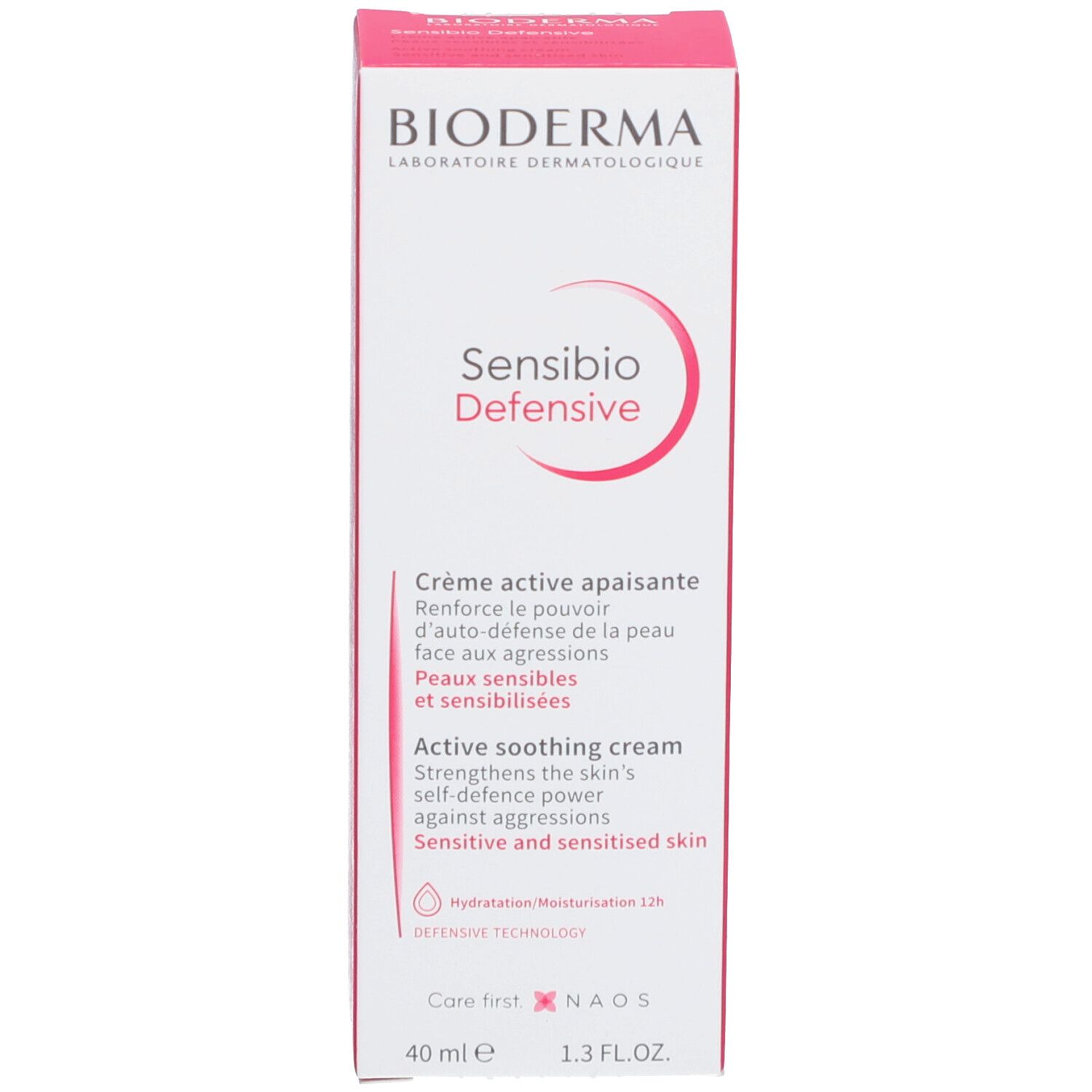 Verpackung von BIODERMA Sensibio Defensive. Rosa und weiß. Text: Active soothing cream.