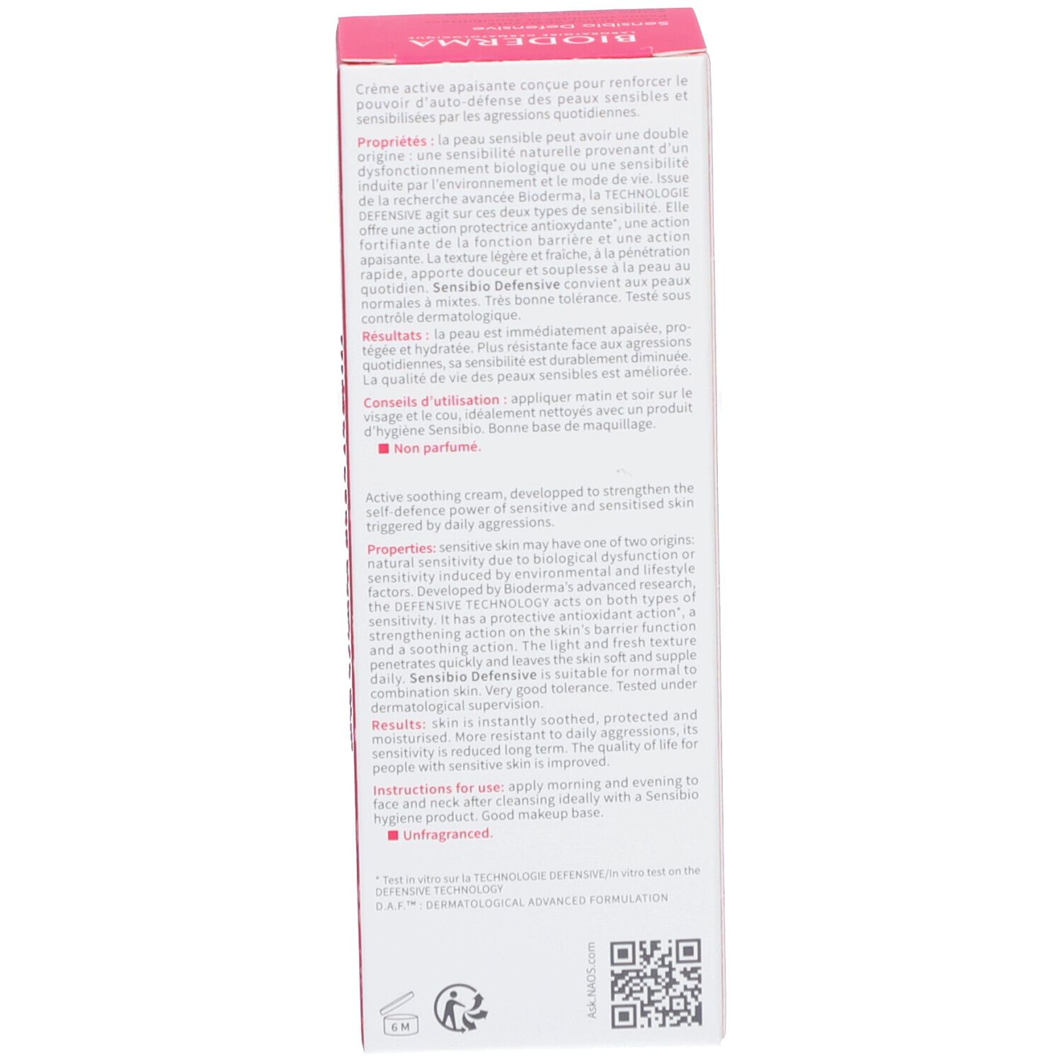 Rückseite der Verpackung. Text in mehreren Sprachen. BIODERMA Sensibio Defensive. Rosa.