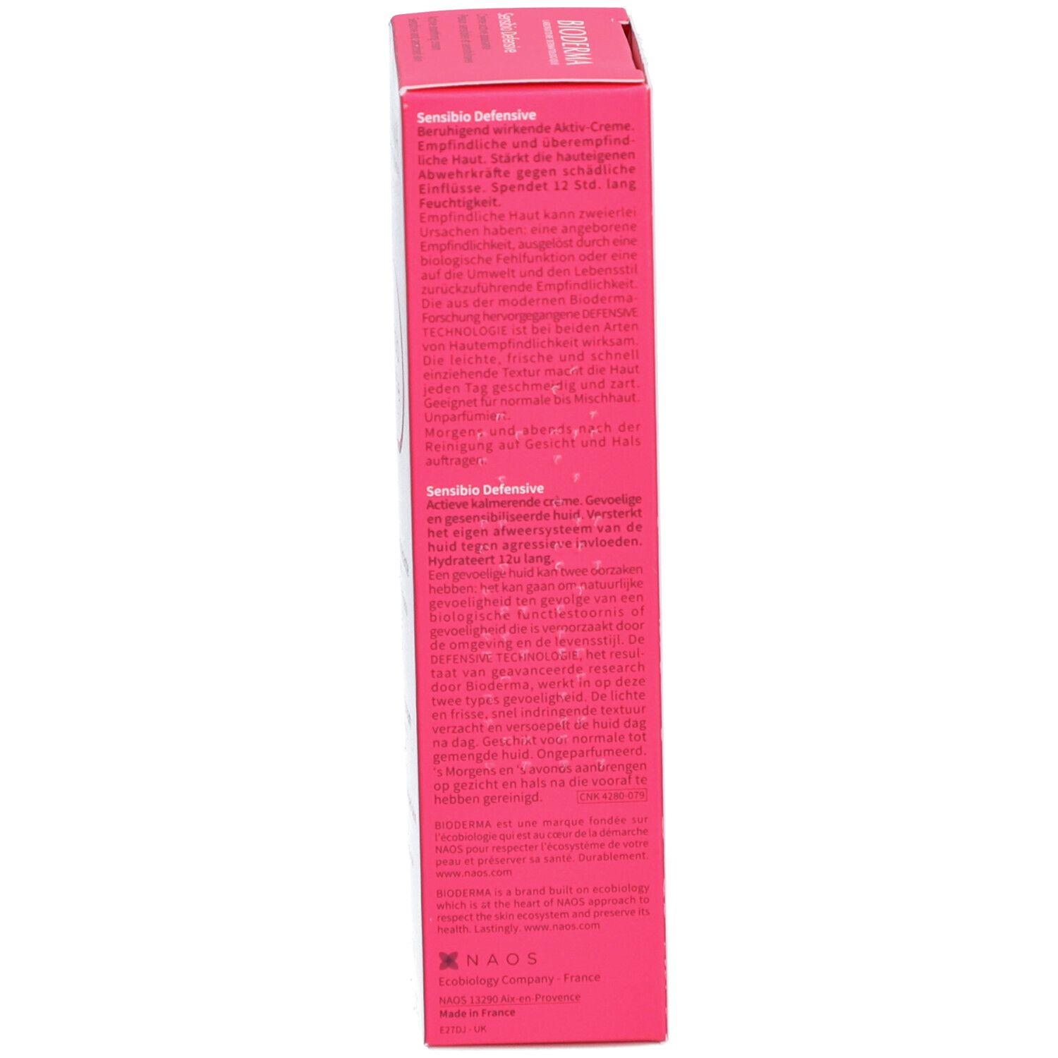 Seite der Verpackung. Text in mehreren Sprachen. BIODERMA Sensibio Defensive. Rosa.