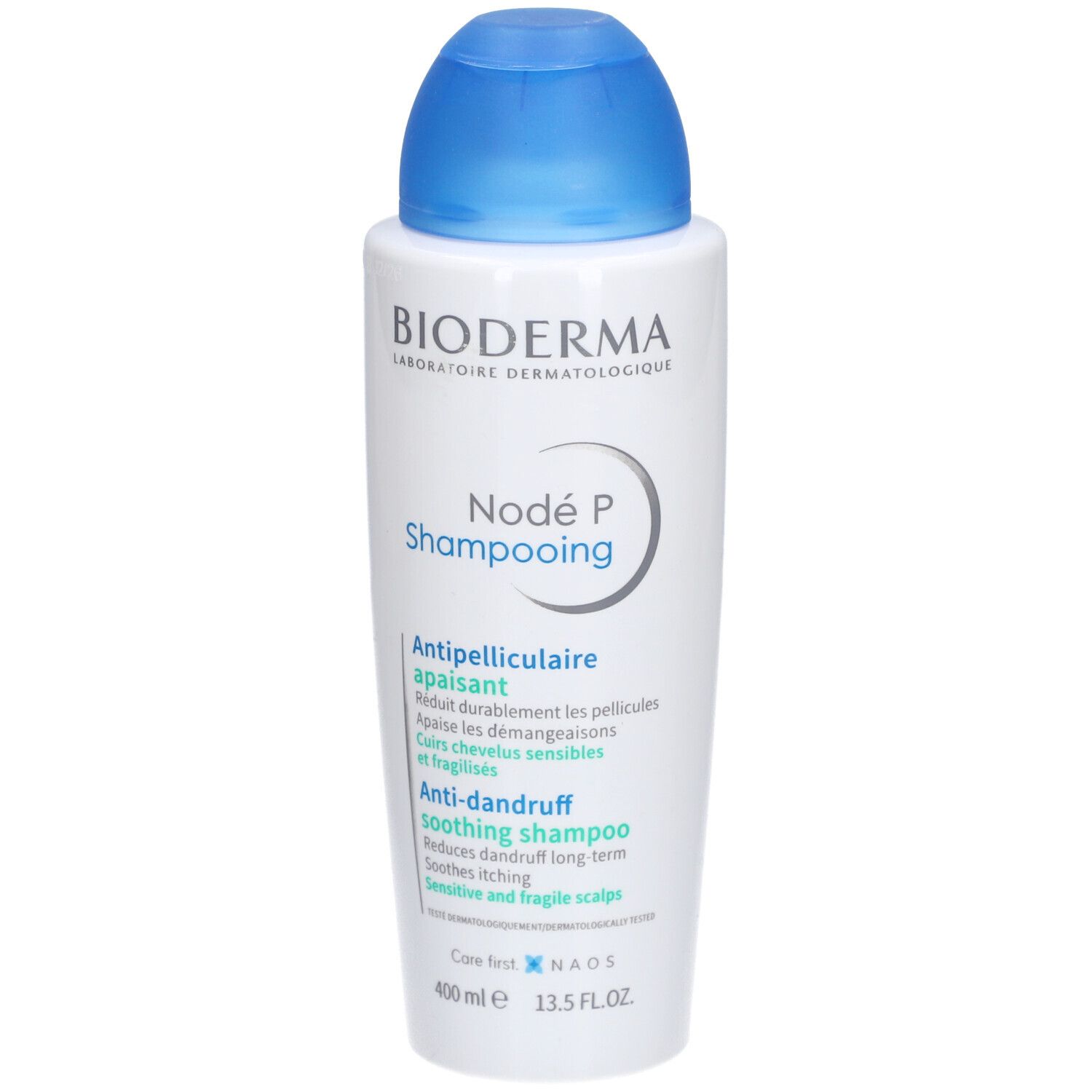 Bioderma Nodé P Shampooing, weiße Flasche mit blauem Deckel. Produktbeschriftung und Text in mehreren Sprachen.