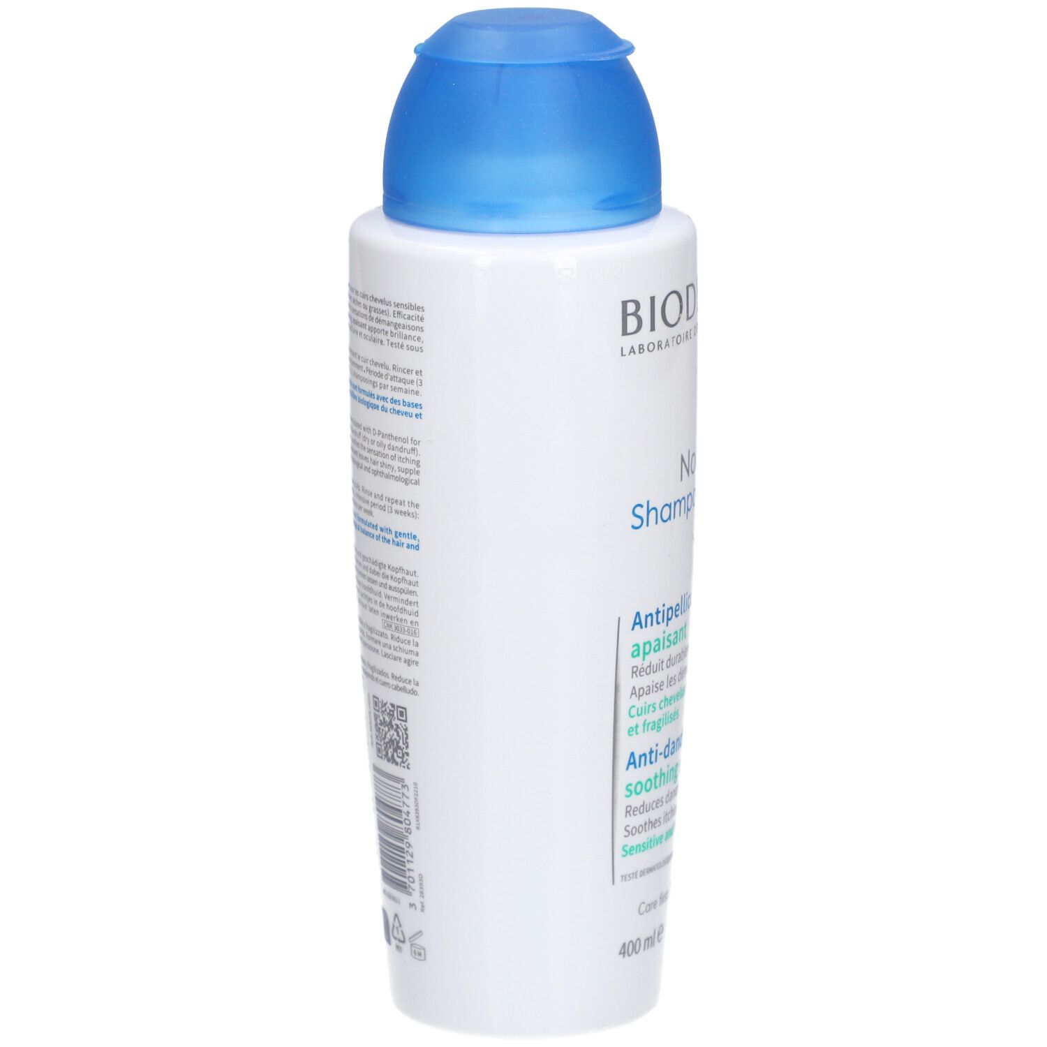 Bioderma Nodé P Shampooing, weiße Flasche mit blauem Deckel. Rückseite mit Produktinformationen und Barcode.
