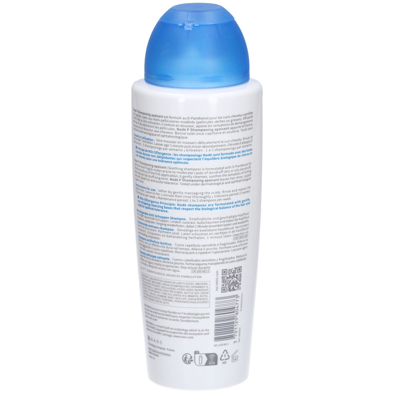 Rückseite der Bioderma Nodé P Shampooing Flasche. Text in mehreren Sprachen, QR-Code und Symbole.
