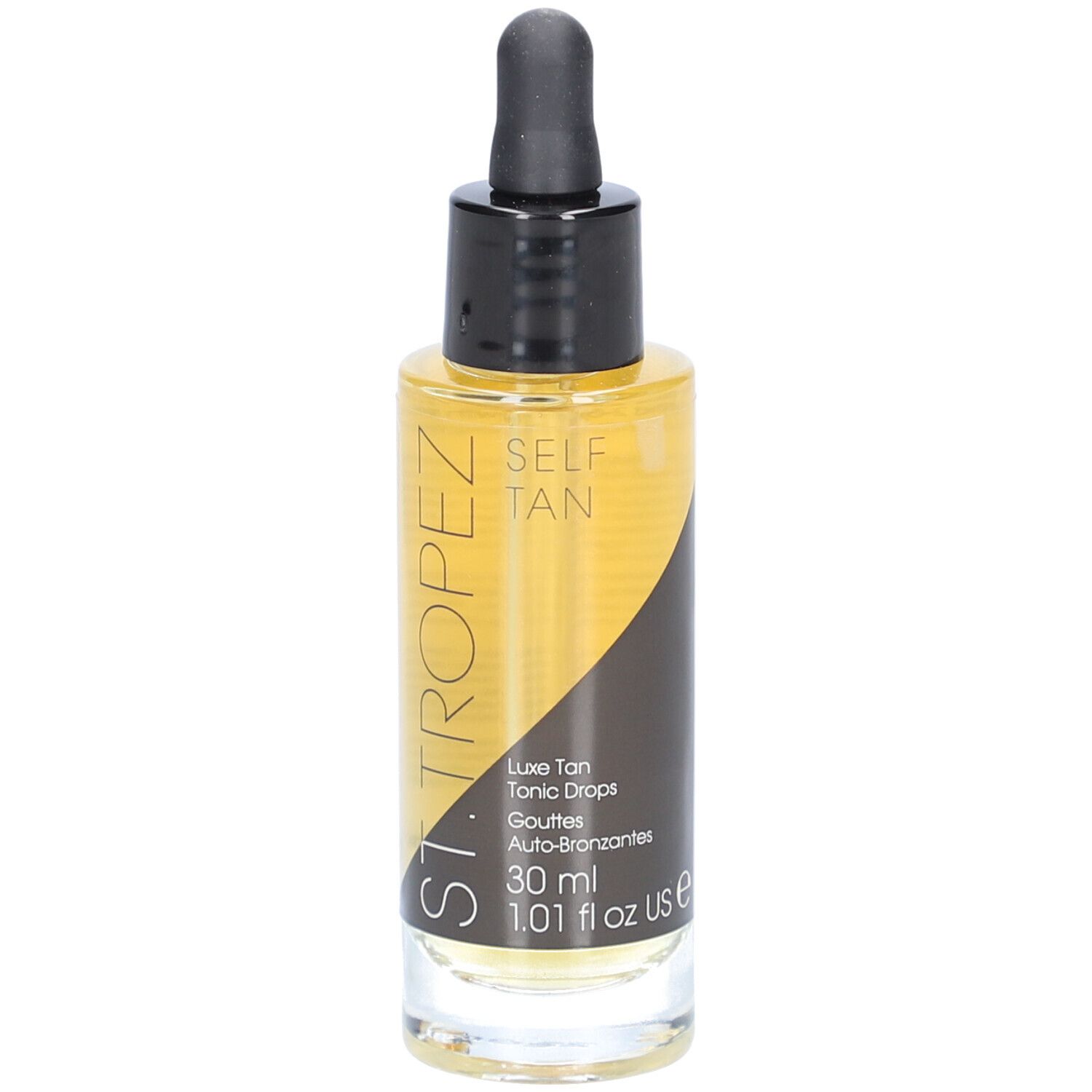 Braune Flüssigkeit in einer Glasflasche mit schwarzem Deckel und Pipette. Aufschrift: SELF TAN, Luxe Tan Tonic Drops.