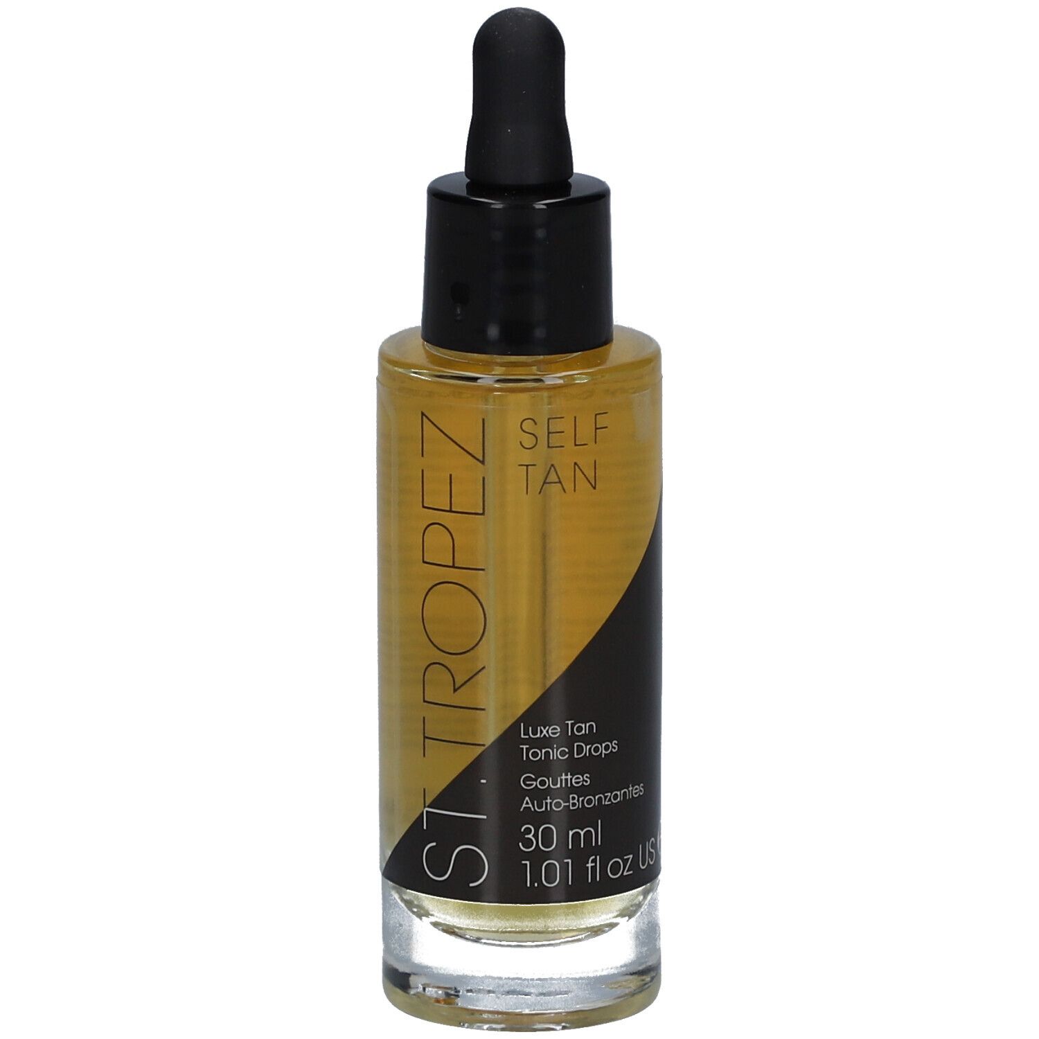 Braune Flüssigkeit in einer Glasflasche mit schwarzem Deckel und Pipette. Aufschrift: SELF TAN, Luxe Tan Tonic Drops.