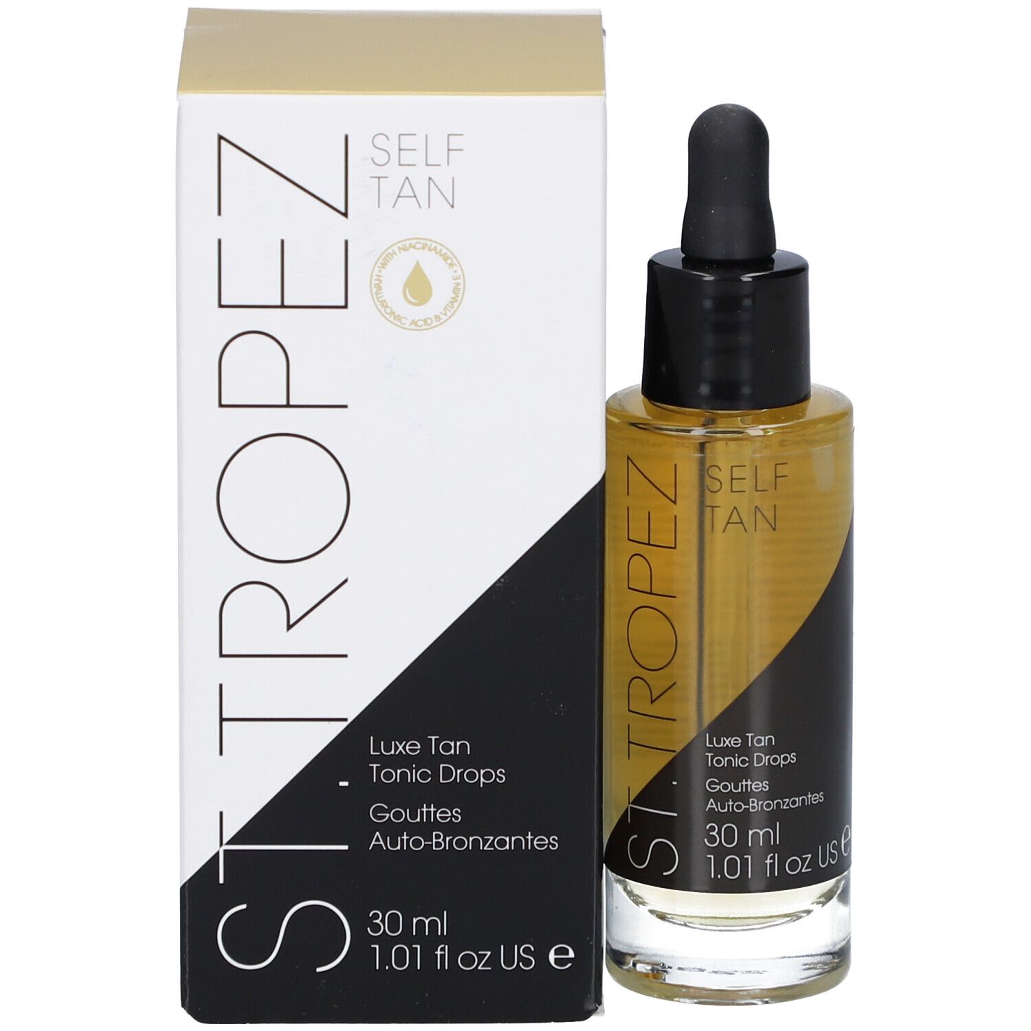 Glasflasche mit brauner Flüssigkeit und schwarzem Deckel, neben einer weißen Schachtel. Aufschrift: SELF TAN, Luxe Tan Tonic Drops.