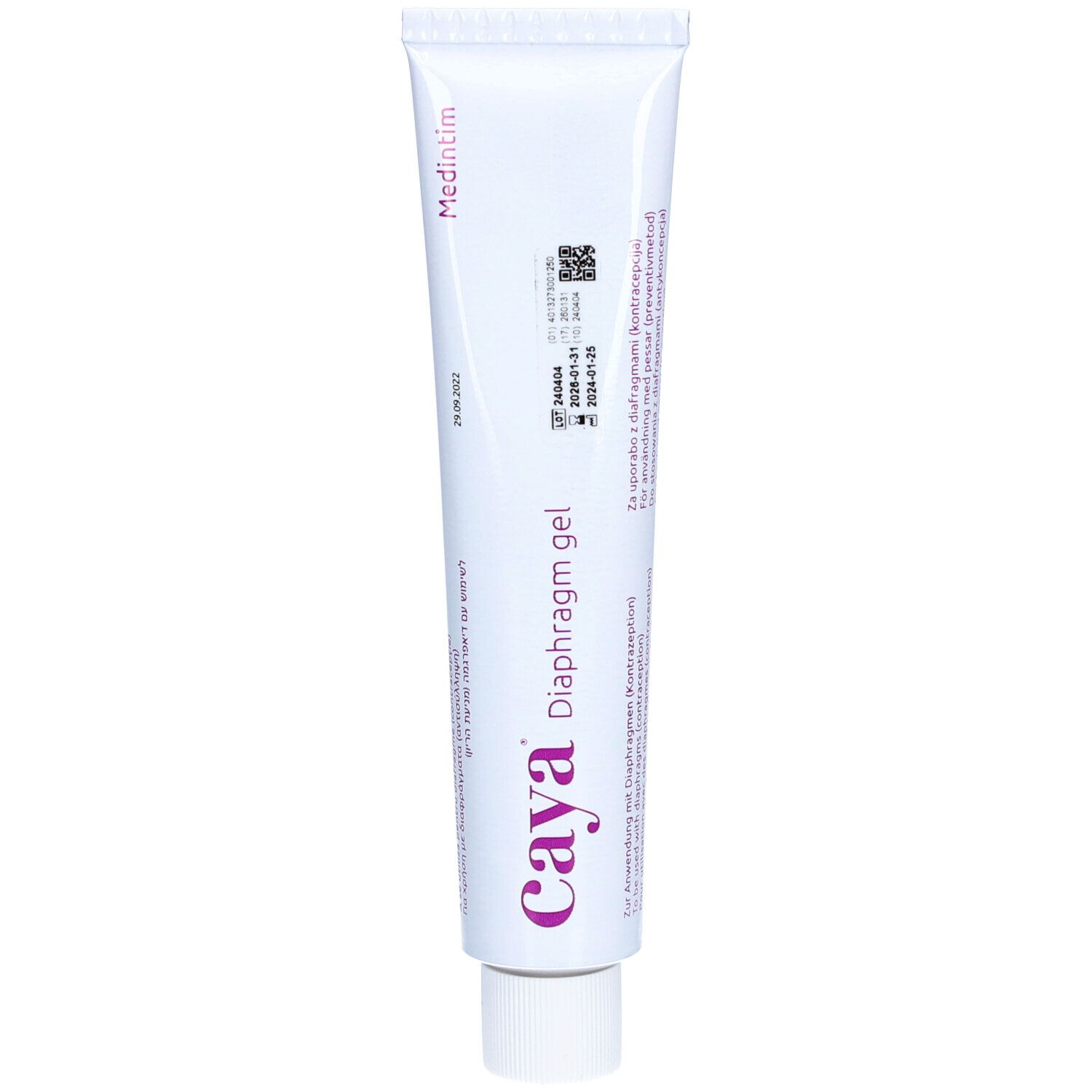 Weiße Tube mit lila Schriftzug "Caya Diaphragm gel". Aufschrift "Medintim".